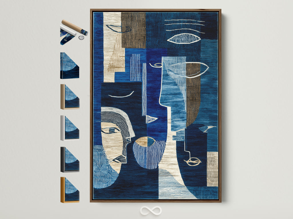 Abstract blue art print displayed in a brown frame. The artwork features modern geometric shapes in navy and cream tones. See all available frame options for this contemporary wall art. Perfect office wall decor to complement minimalist or Scandinavian styles