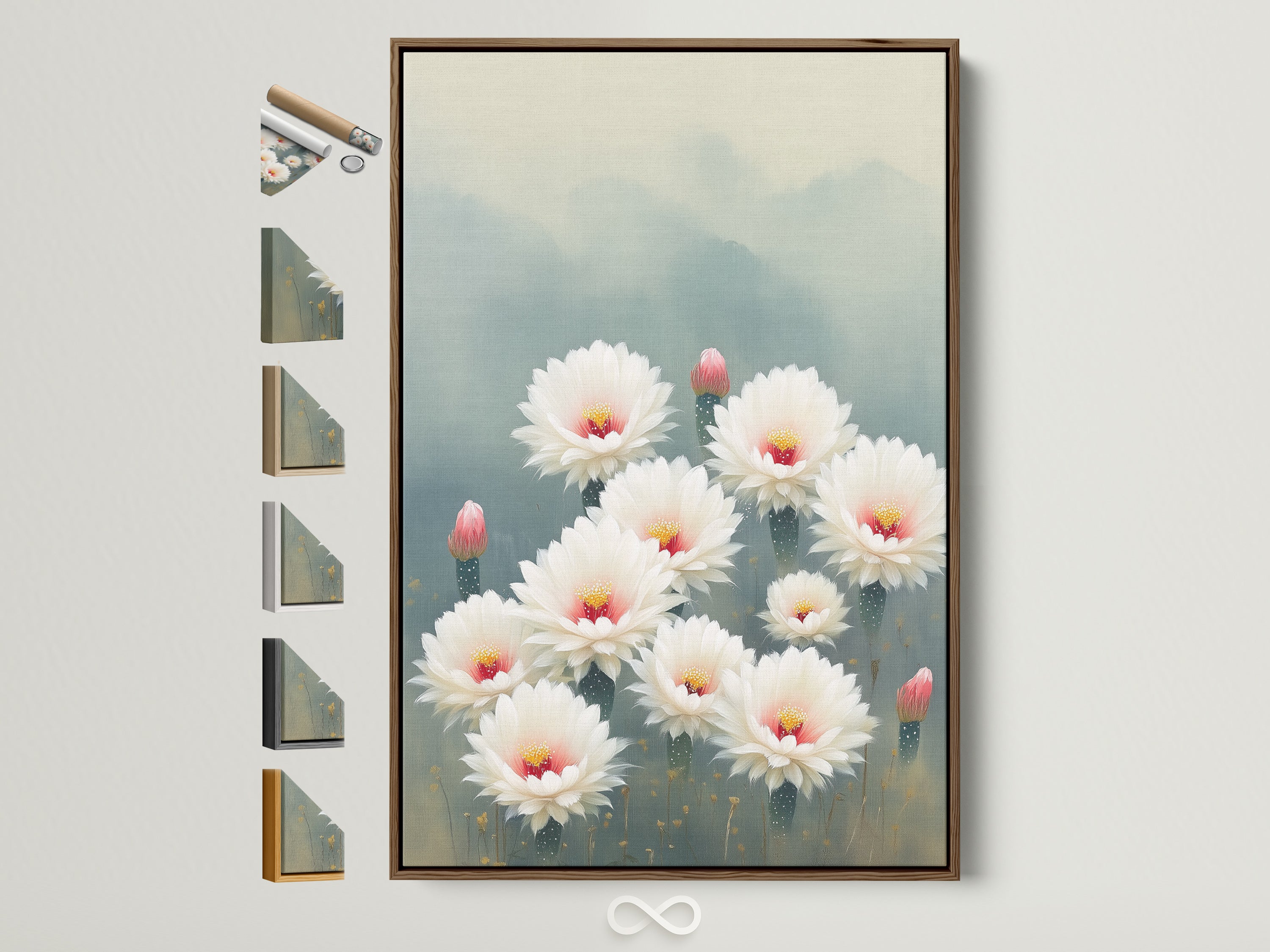 Cactus Flower artwork in a brown frame. This Desert Bloom wall art brings a touch of floral botanical beauty to your home decor. Perfect for minimalist modern or southwest styles. The neutral tones complement any space. Consider this nature inspired floral artwork as a plant lover gift.