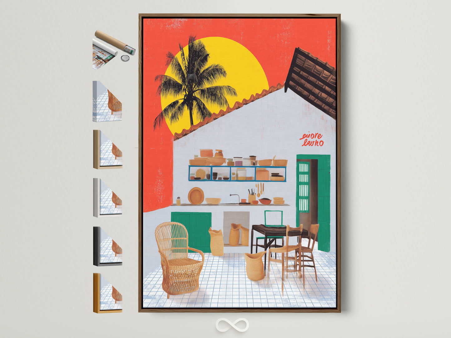 A coastal kitchen artwork with tropical wall art is displayed in a brown frame. All available frame options are showcased. The artwork adds a modern touch to island home decor. It brings a vacation home vibe. A perfect piece for coastal artwork enthusiasts.