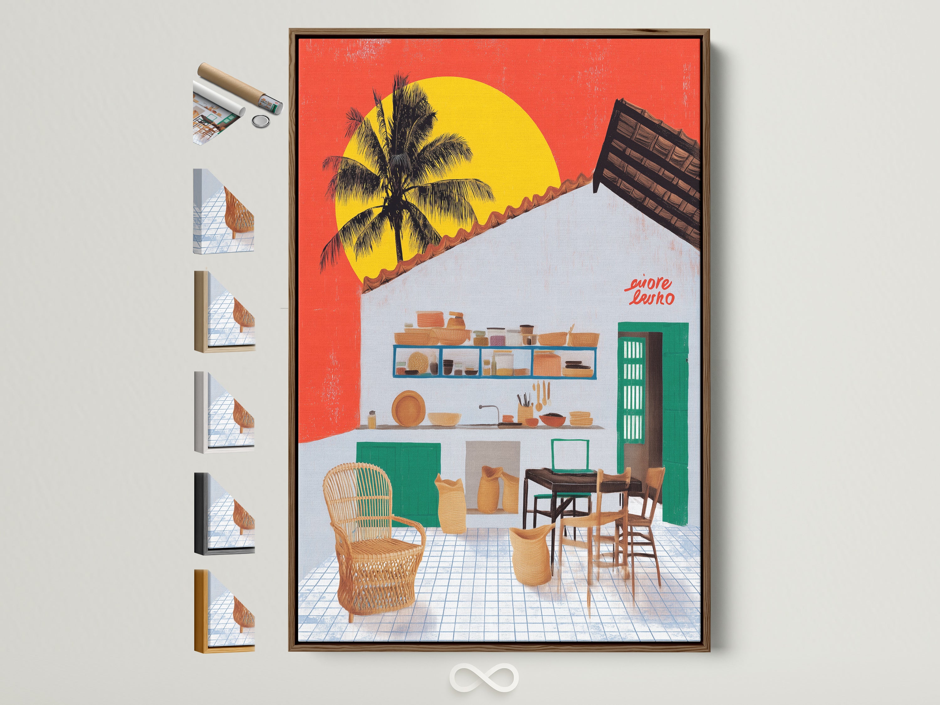 A coastal kitchen artwork with tropical wall art is displayed in a brown frame. All available frame options are showcased. The artwork adds a modern touch to island home decor. It brings a vacation home vibe. A perfect piece for coastal artwork enthusiasts.