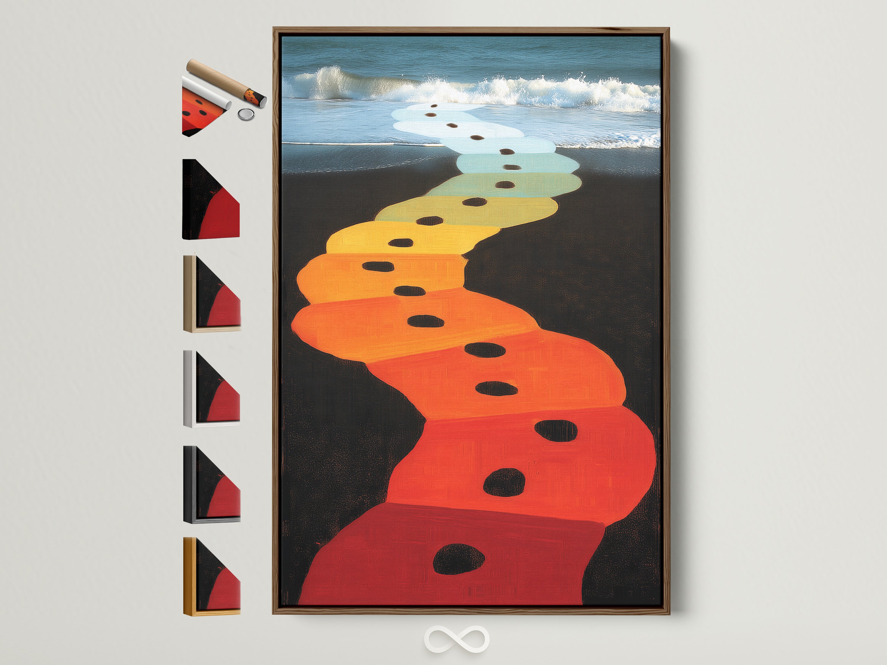 A colorful beach path artwork in a brown frame is displayed. The artwork features a vibrant path leading to the ocean. This piece adds a touch of modern coastal style to any room. Explore frame options to customize your wall art. Perfect for homeowners renters and interior stylists.