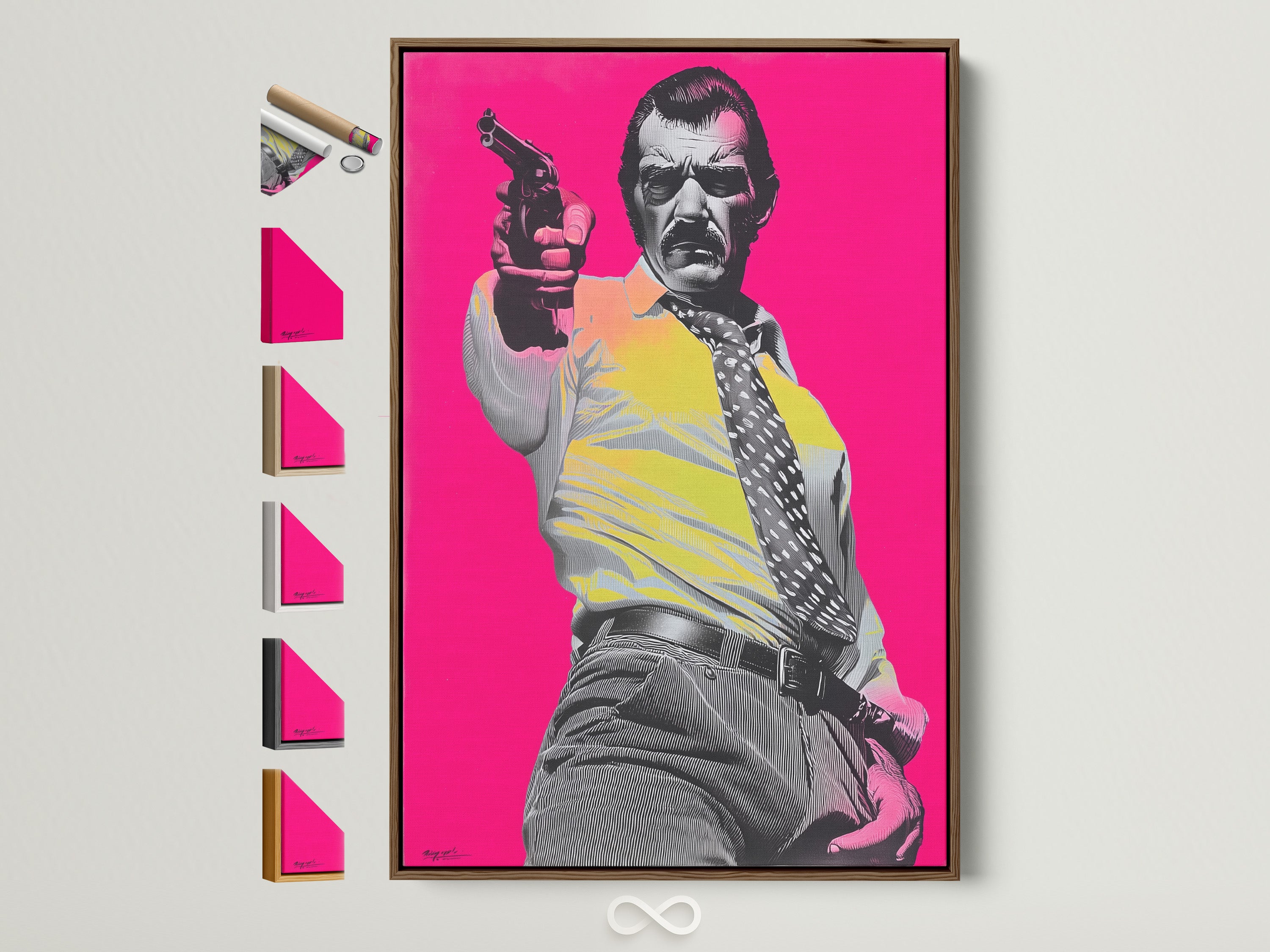 Explore frame options for your artwork. This brown frame is displayed with other frame choices. Personalize your artwork with our diverse frame selection. Find the perfect frame to complement your style. Elevate your space with framed art.