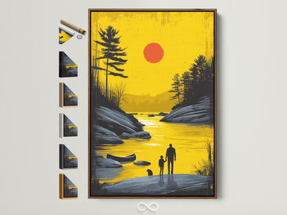 Brown frame showcasing sunset lake artwork. This father & child wall art brings a golden landscape to your family room decor. A serene lakeside view provides a calming effect. Perfect nature wall decor for minimalist and modern spaces. Explore this peaceful scenery in various frame options.