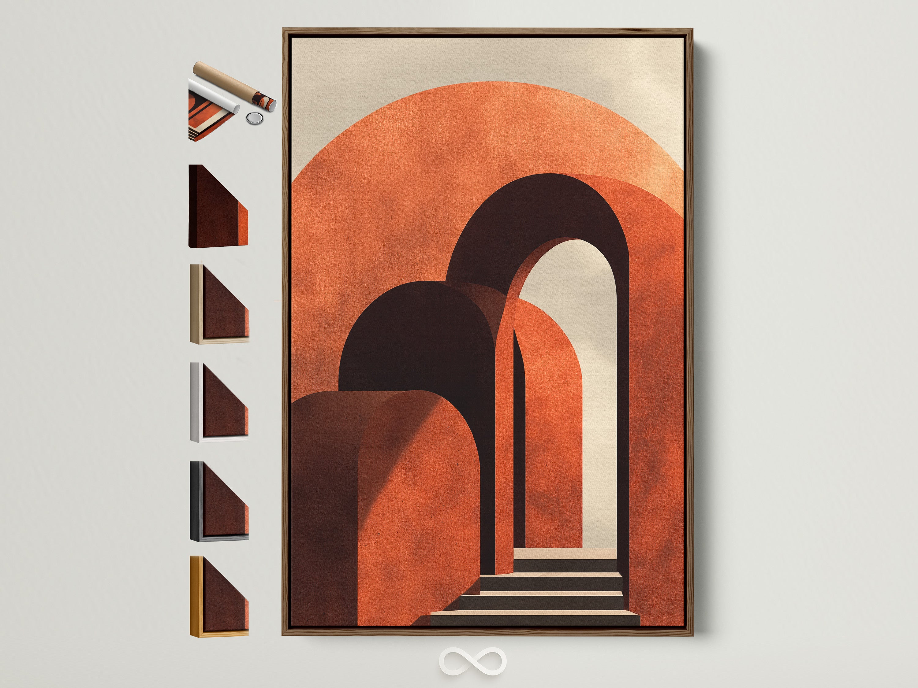 Framed artwork with a brown frame adorns a white wall. This art piece features a captivating array of arches in terracotta tones. Explore our range of frame options to perfectly complement your chosen art.