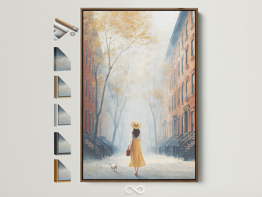 Cityscape canvas print with a brown frame. This urban autumn scene artwork features a girl and her dog. Perfect neutral art for entryway decor. Adds a peaceful touch to any room.