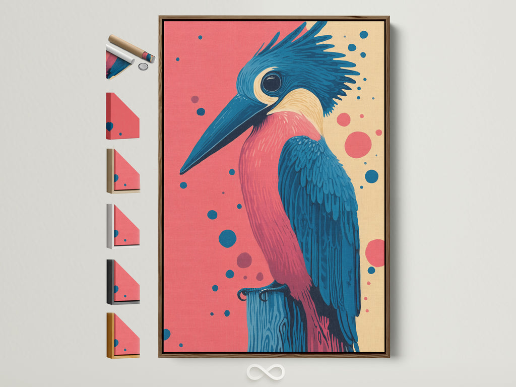 Kingfisher bird artwork with a brown frame. The artwork features pink and teal colors. See all of our frame options on the side. Perfect coastal wall decor for your home or boutique. Add a touch of avian art to your walls.