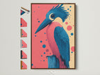Kingfisher bird artwork with a brown frame. The artwork features pink and teal colors. See all of our frame options on the side. Perfect coastal wall decor for your home or boutique. Add a touch of avian art to your walls.