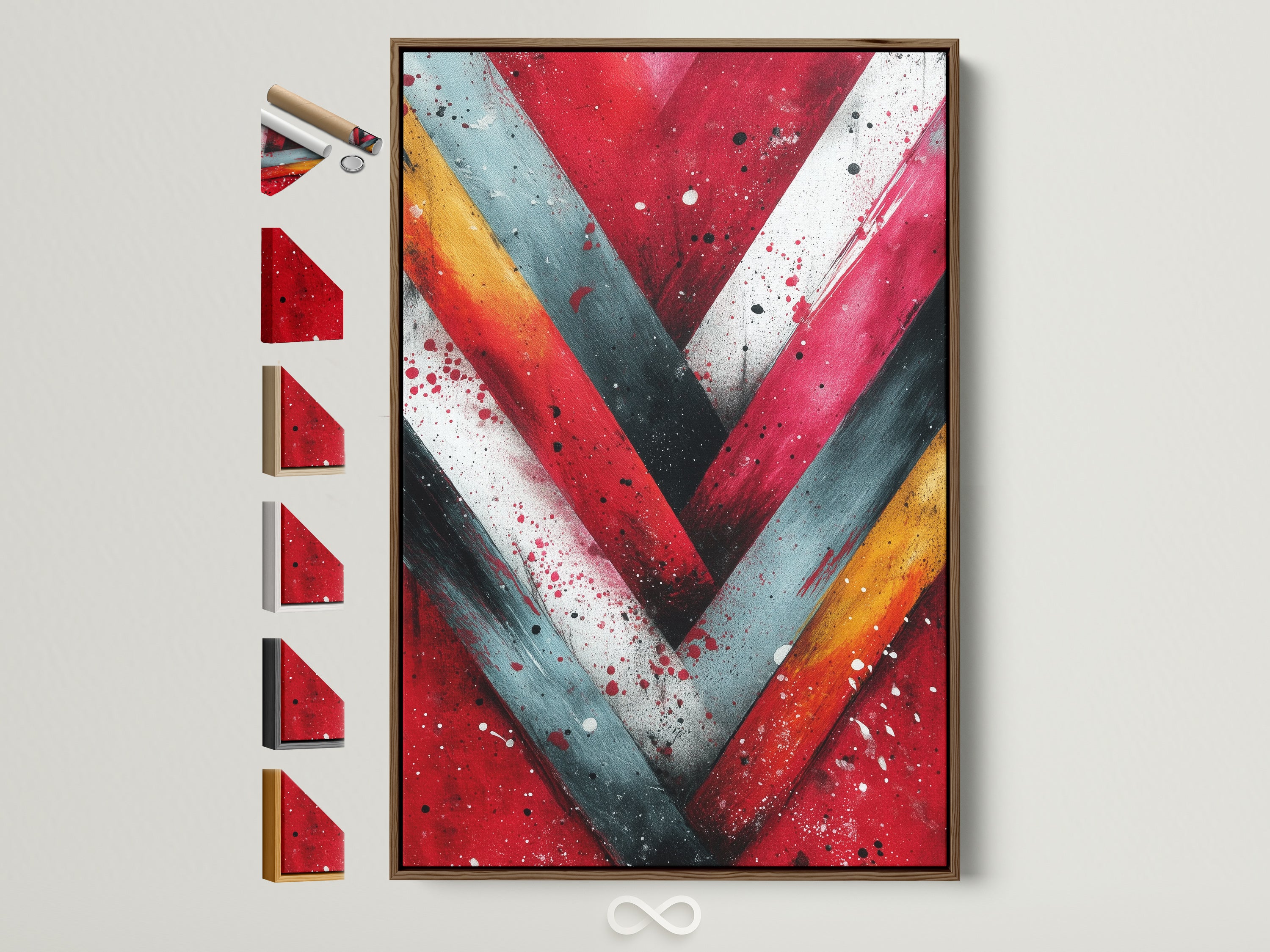 Elevate your space with Abstract Chevron Canvas Art in a brown frame. Explore various frame options to perfectly match your decor style. Red and teal geometric wall art adds a modern touch. Perfect for living rooms offices and studios.