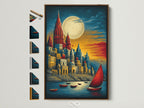 A medieval castle art print is displayed in a brown frame. Other frame options are visible on the side. The artwork features fantasy architecture and a moonlit harbor scene. It's perfect for adding a bohemian touch to any room. The primary color is red. Gold is the secondary color.