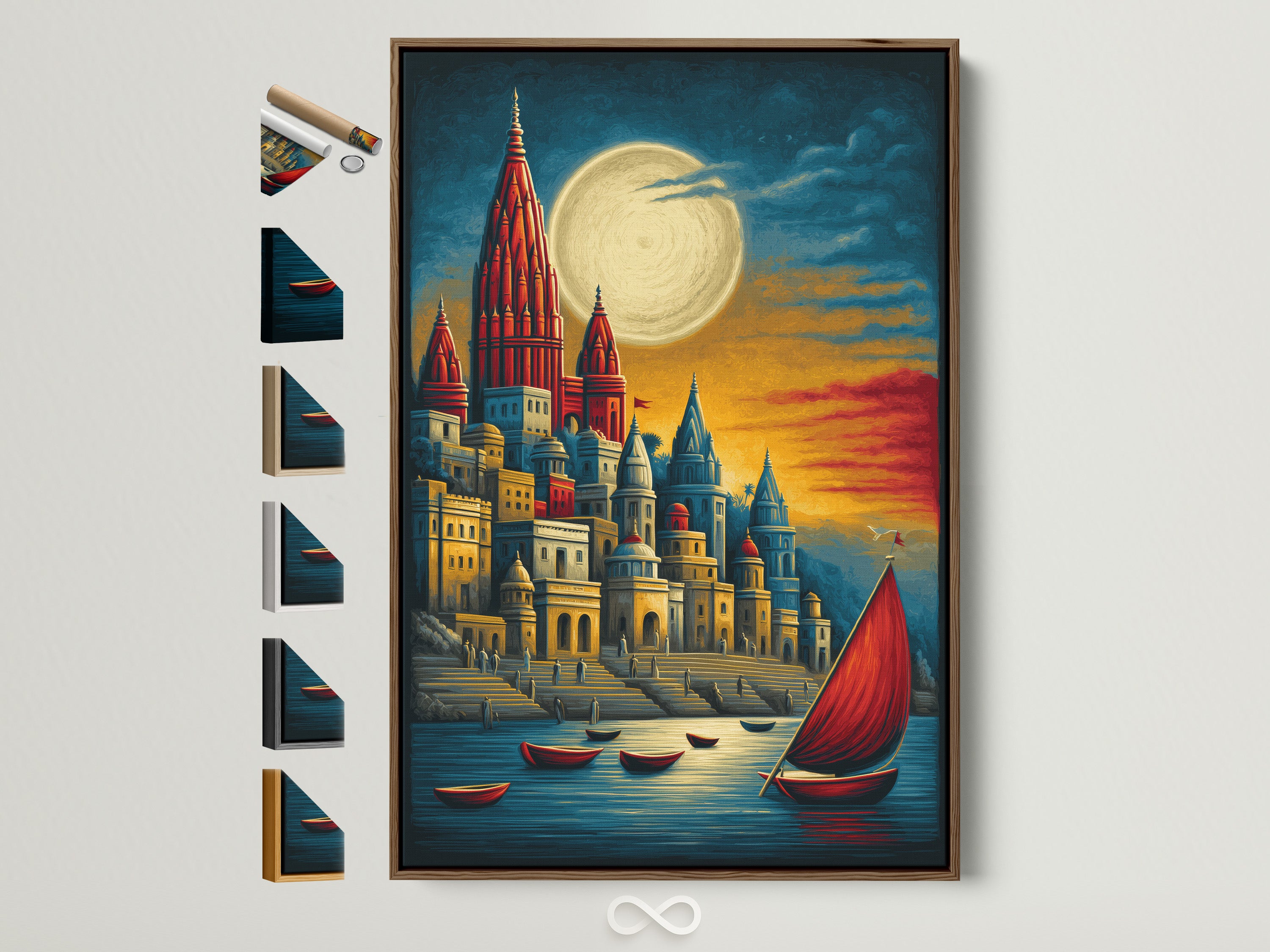 A medieval castle art print is displayed in a brown frame. Other frame options are visible on the side. The artwork features fantasy architecture and a moonlit harbor scene. It's perfect for adding a bohemian touch to any room. The primary color is red. Gold is the secondary color.