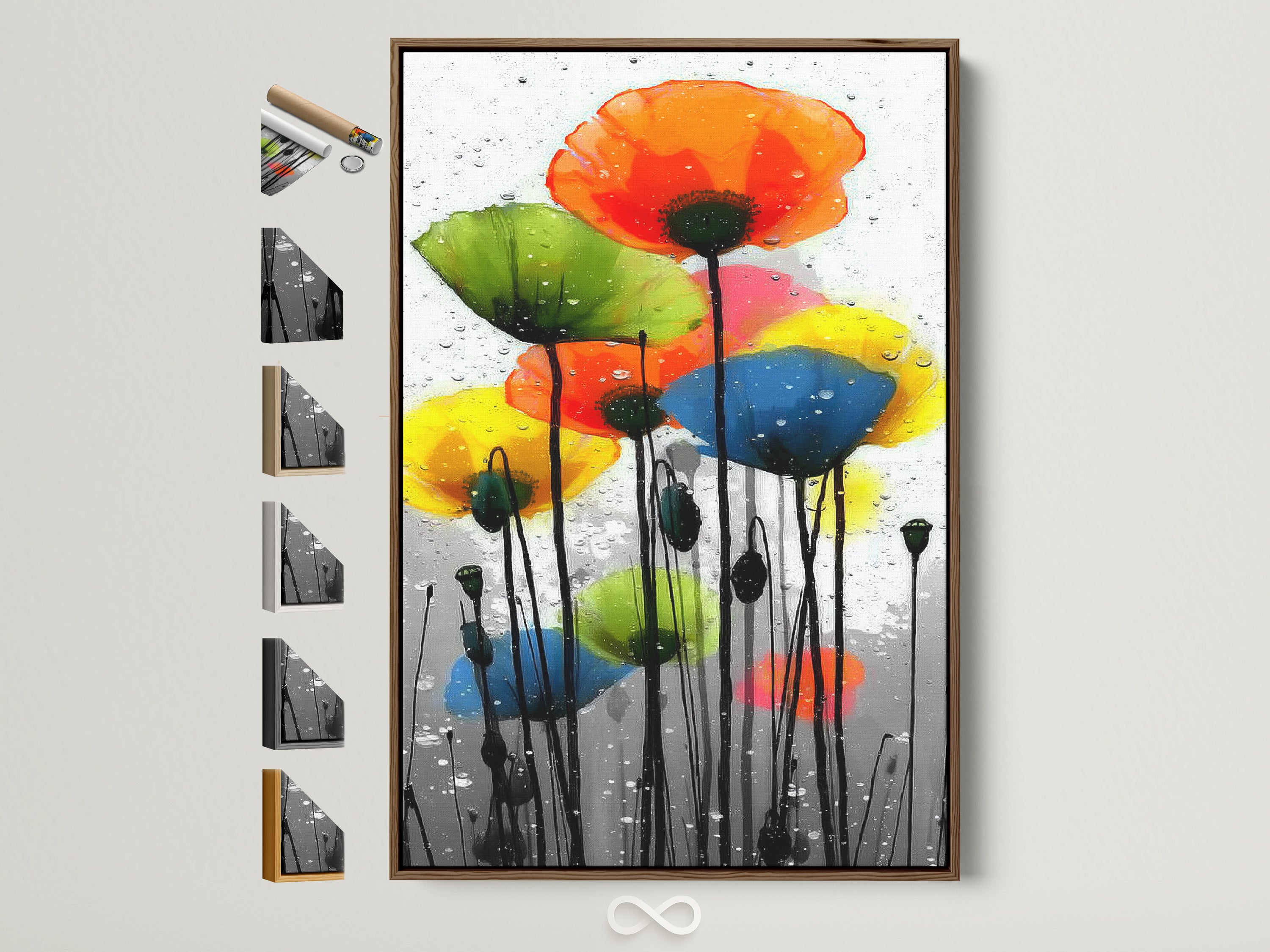 A colorful poppy artwork is showcased in a light brown frame. Various frame options are displayed on the side. The modern floral wall art adds a touch of vibrancy to any room. Abstract flower painting is perfect for bedroom wall decor.
