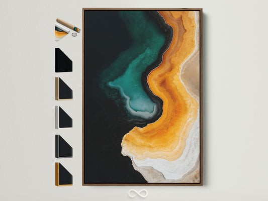 Abstract artwork in a brown frame. The frame has a natural wood grain. All available frame options are displayed on the side. This allows customers to visualize different framing choices. Perfect for adding a touch of modern elegance to any space.