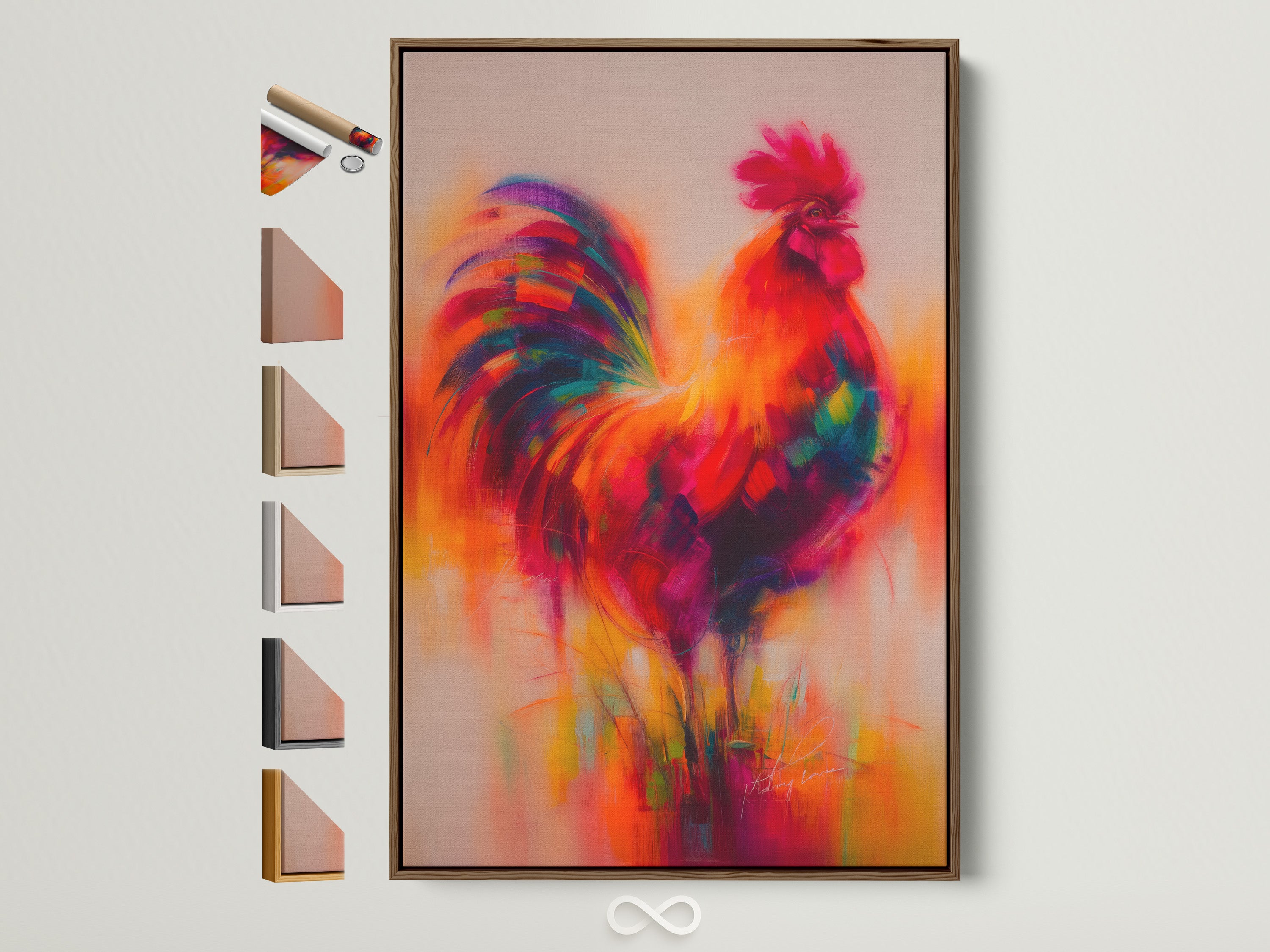 A colorful rooster artwork is displayed in a brown frame. It is part of a frame options showcase. The vibrant farm animal wall art brings life to any space. Perfect for contemporary farmhouse kitchens. Add a touch of country art to your home today. See all available frame options.