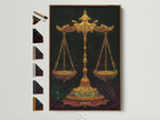 Elevate your space with our Libra Zodiac Art Print. See all frame options for this golden scales of justice artwork. This celestial astrology canvas is perfect for bedroom wall decor. Discover the ideal frame to complement your unique style.
