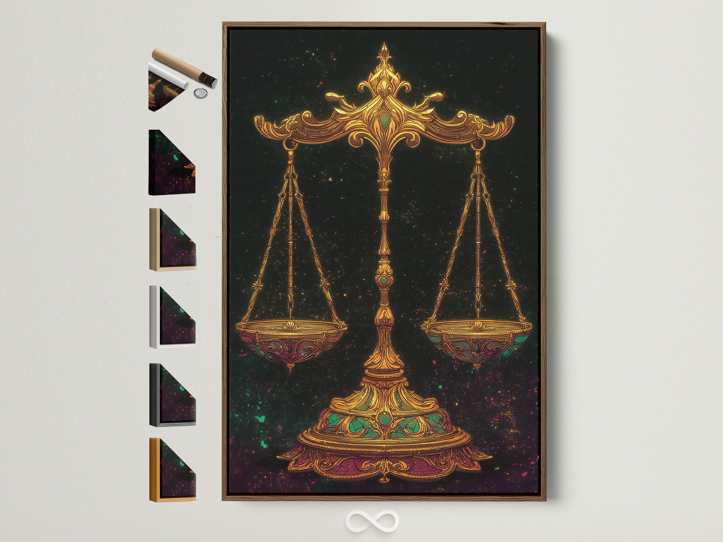 Elevate your space with our Libra Zodiac Art Print. See all frame options for this golden scales of justice artwork. This celestial astrology canvas is perfect for bedroom wall decor. Discover the ideal frame to complement your unique style.