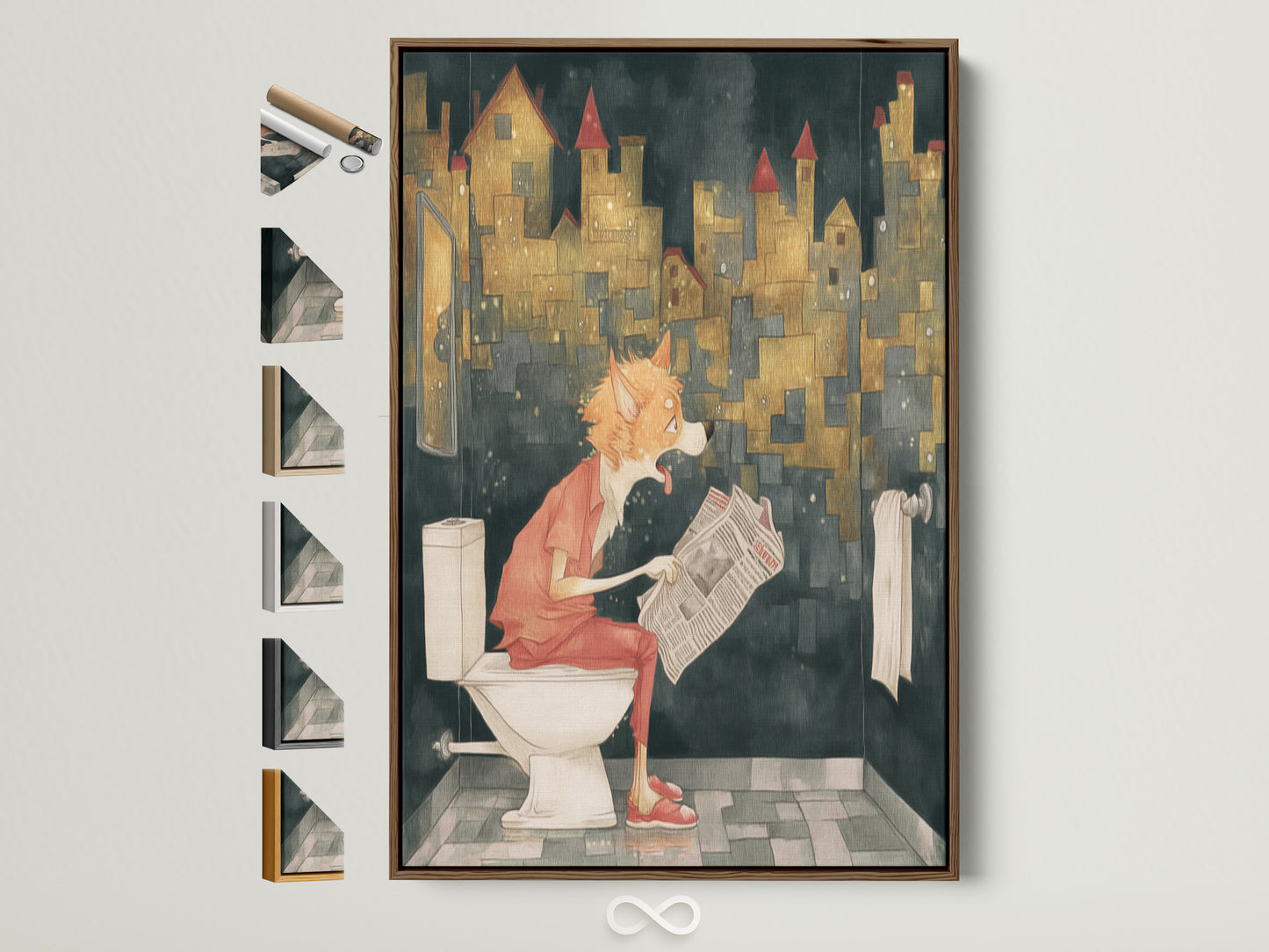 Funny Dog Canvas Print in a Brown Frame. This quirky bathroom wall art features a canine reading a newspaper. All frame options are displayed. It adds a humorous touch to any restroom decor. Perfect for dog lovers and eclectic home decor.