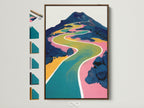 Abstract mountain landscape artwork with a brown frame. The artwork features a colorful winding path. Frame options are displayed on the side. Perfect contemporary art for minimalist decor.