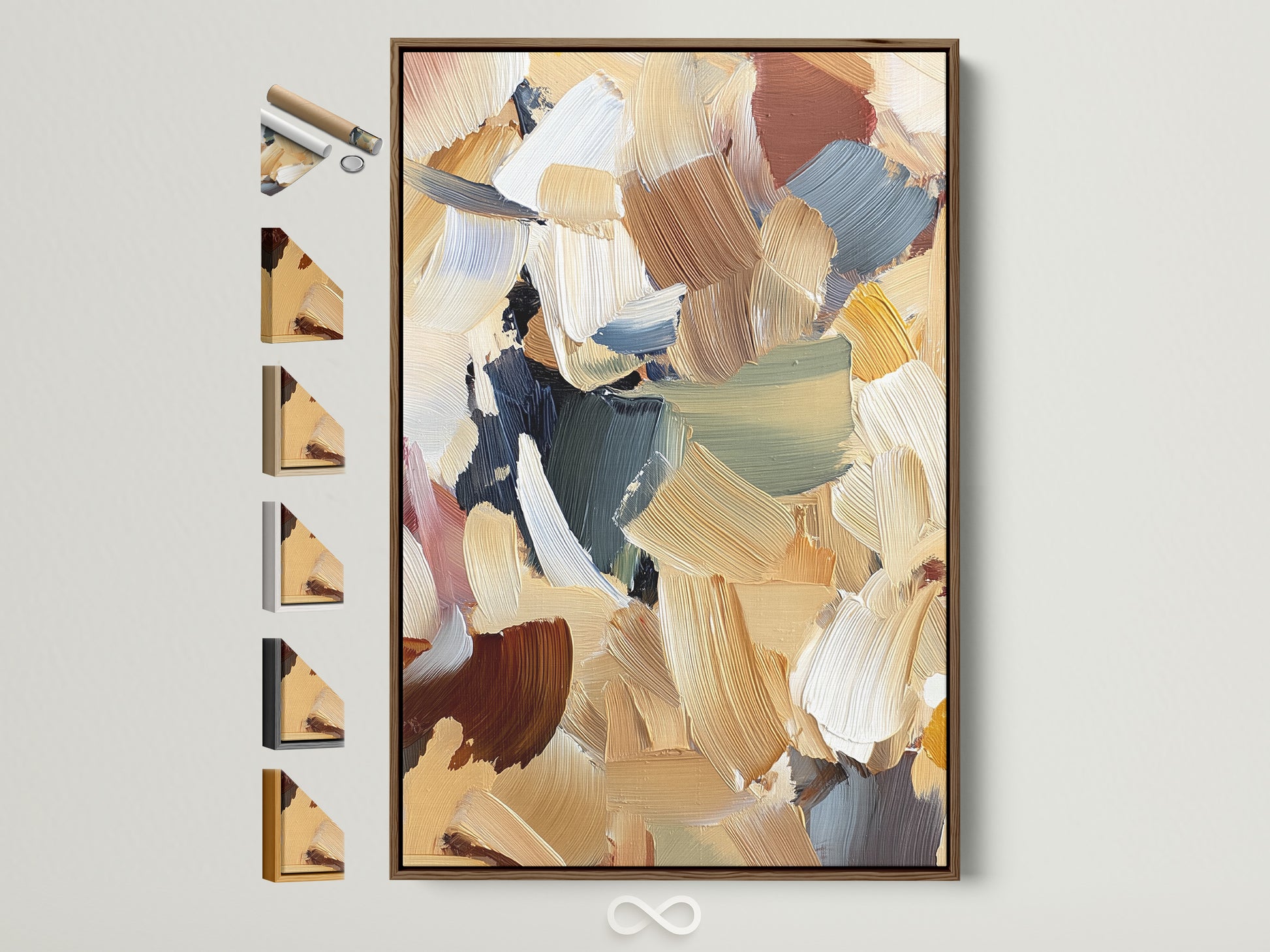 Abstract artwork in a brown frame. The artwork features brushstrokes of beige brown blue and green. The frame is a light brown wood. Explore art in various frame styles. Find the perfect frame to complement your artwork.