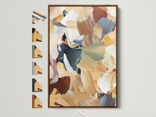 Abstract artwork in a brown frame. The artwork features brushstrokes of beige brown blue and green. The frame is a light brown wood. Explore art in various frame styles. Find the perfect frame to complement your artwork.