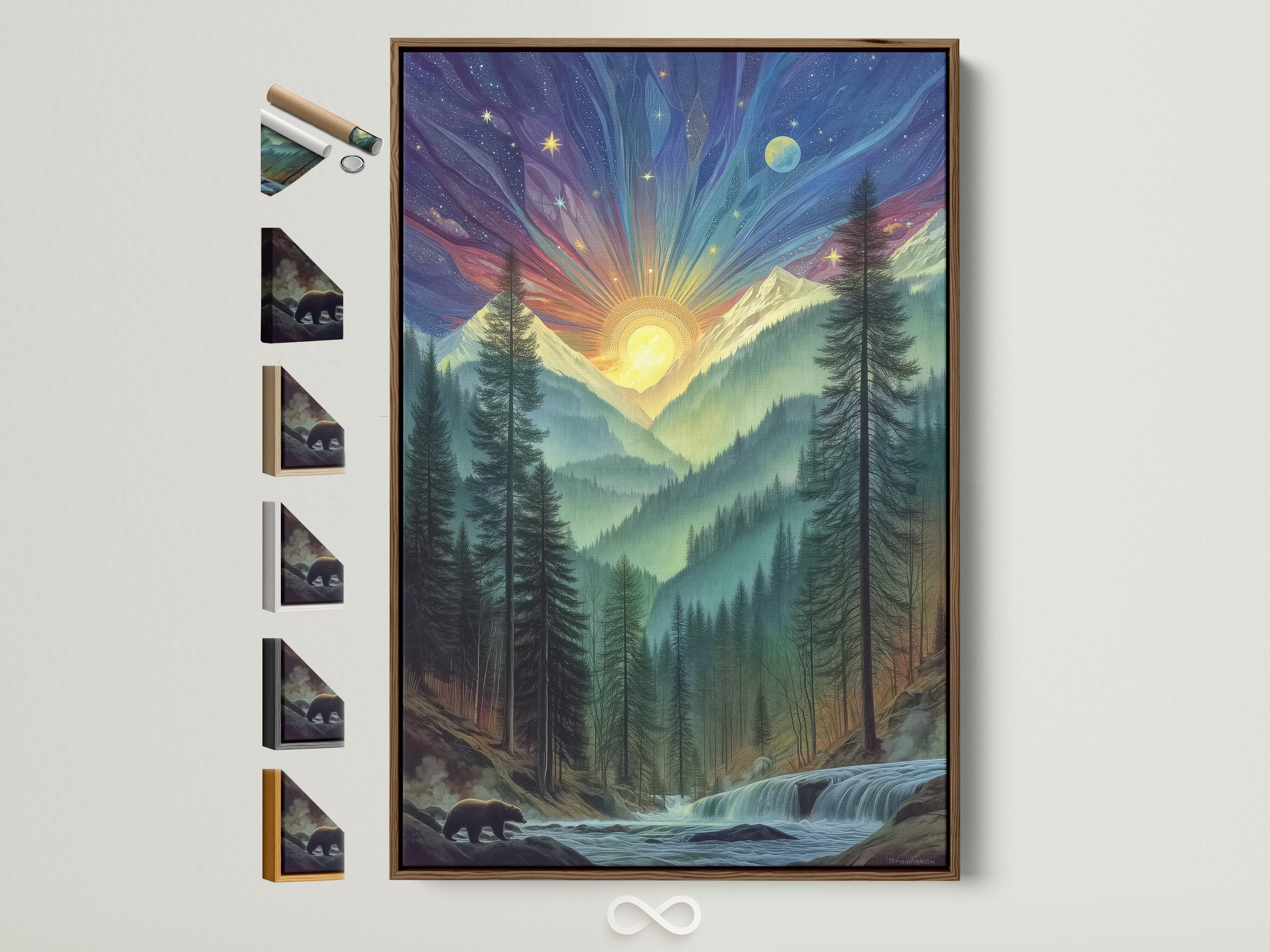 Mountain Sunrise artwork in a brown frame. This mystical forest wall art captures a cosmic sky landscape. Ideal for bedroom decor. The nature photography art brings wilderness indoors.