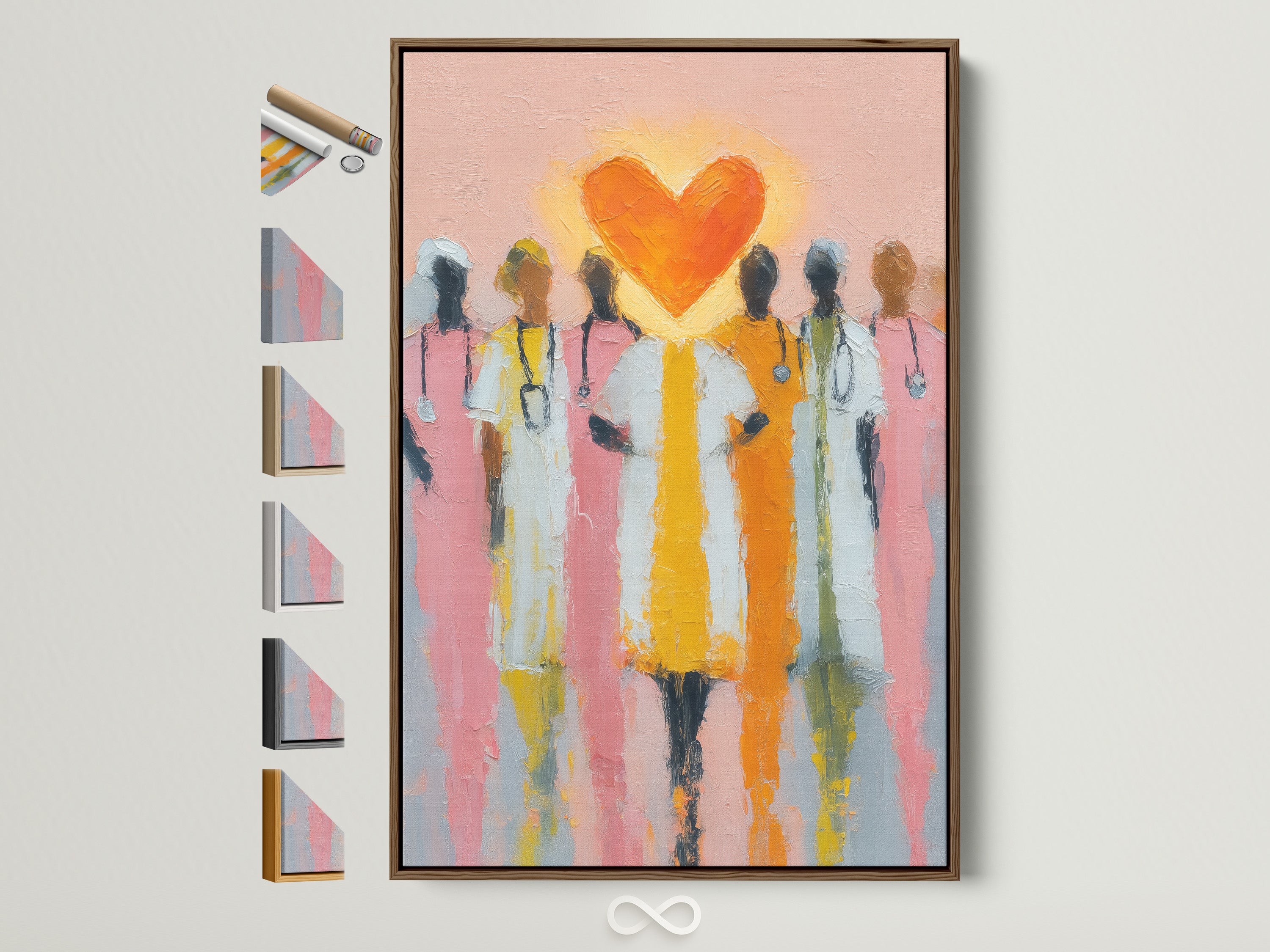 Medical Heroes art print framed in a brown frame. This contemporary artwork features doctors and nurses under a heart. Various frame options are displayed on the side. Perfect medical office art or hospital wall decor. Add inspirational art to your healthcare space with this piece.