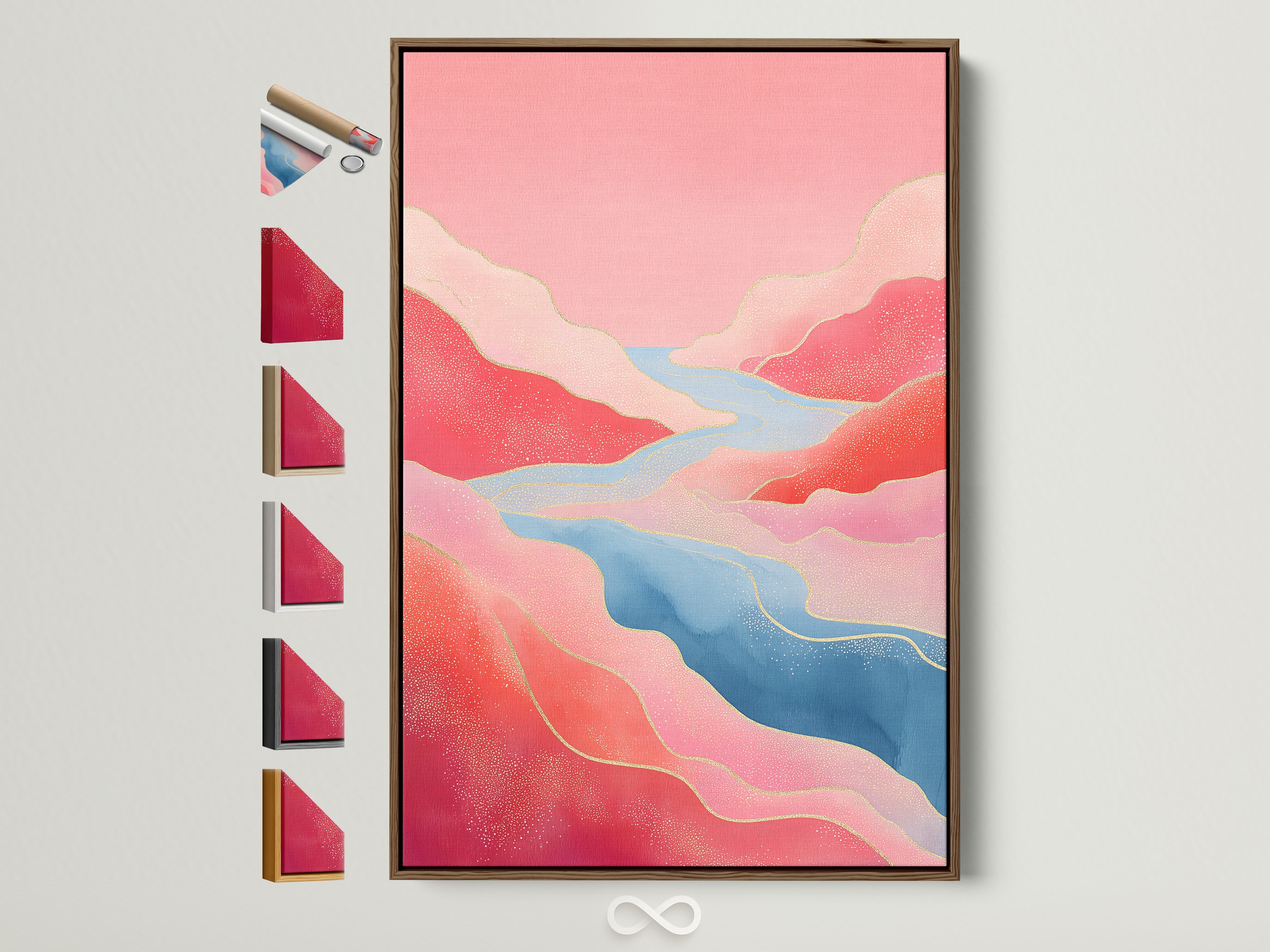 A pink coral mountain landscape wall art piece in a brown frame. This abstract river canvas print adds a modern nature touch to any bedroom decor. See all frame options to customize your artwork.