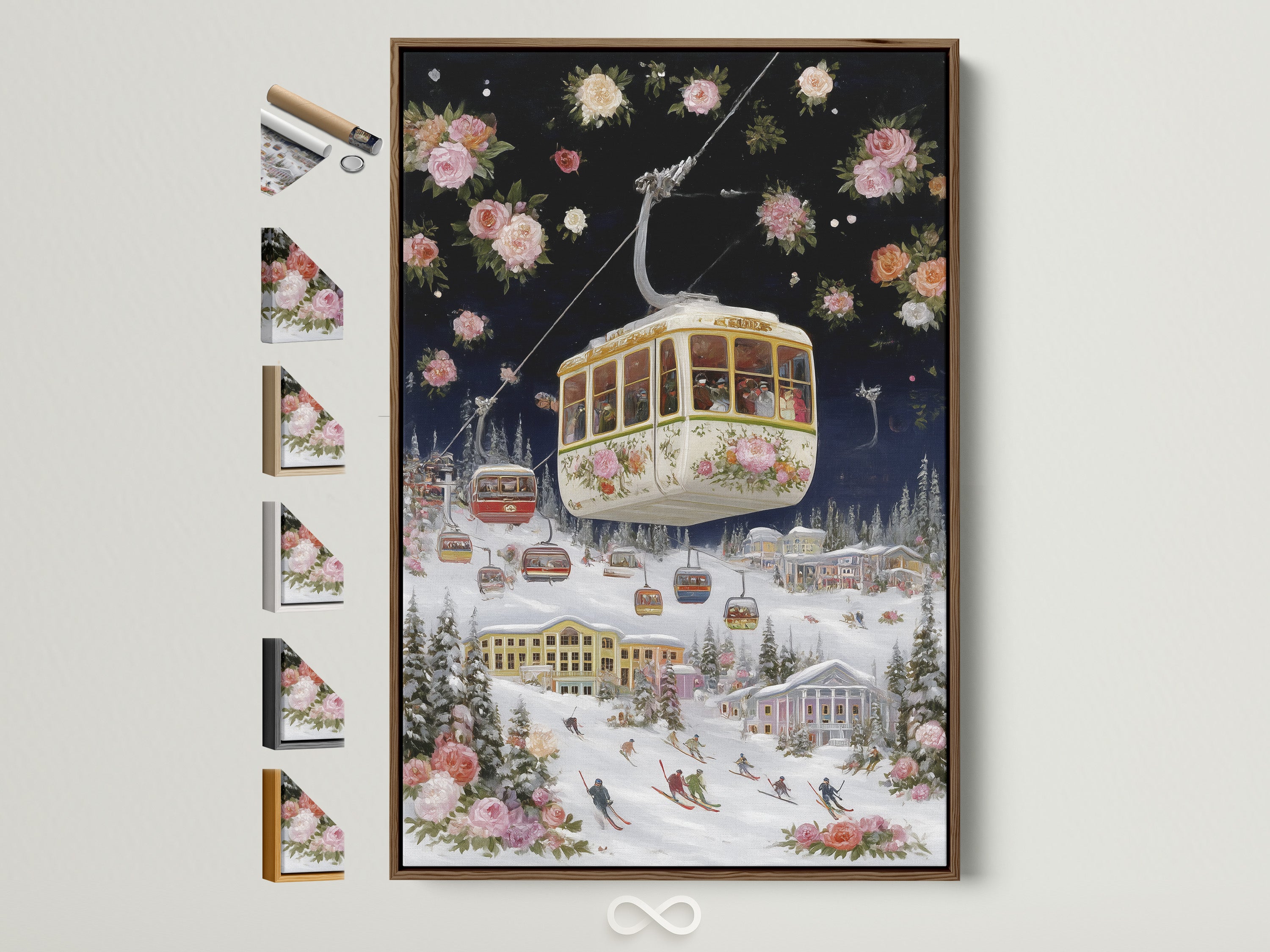 Ski resort canvas artwork with a brown frame. This vintage floral alpine wall art features a gondola winter landscape. See all frame options available for this ski lodge decor. Enhance your bedroom wall with this mountain art.