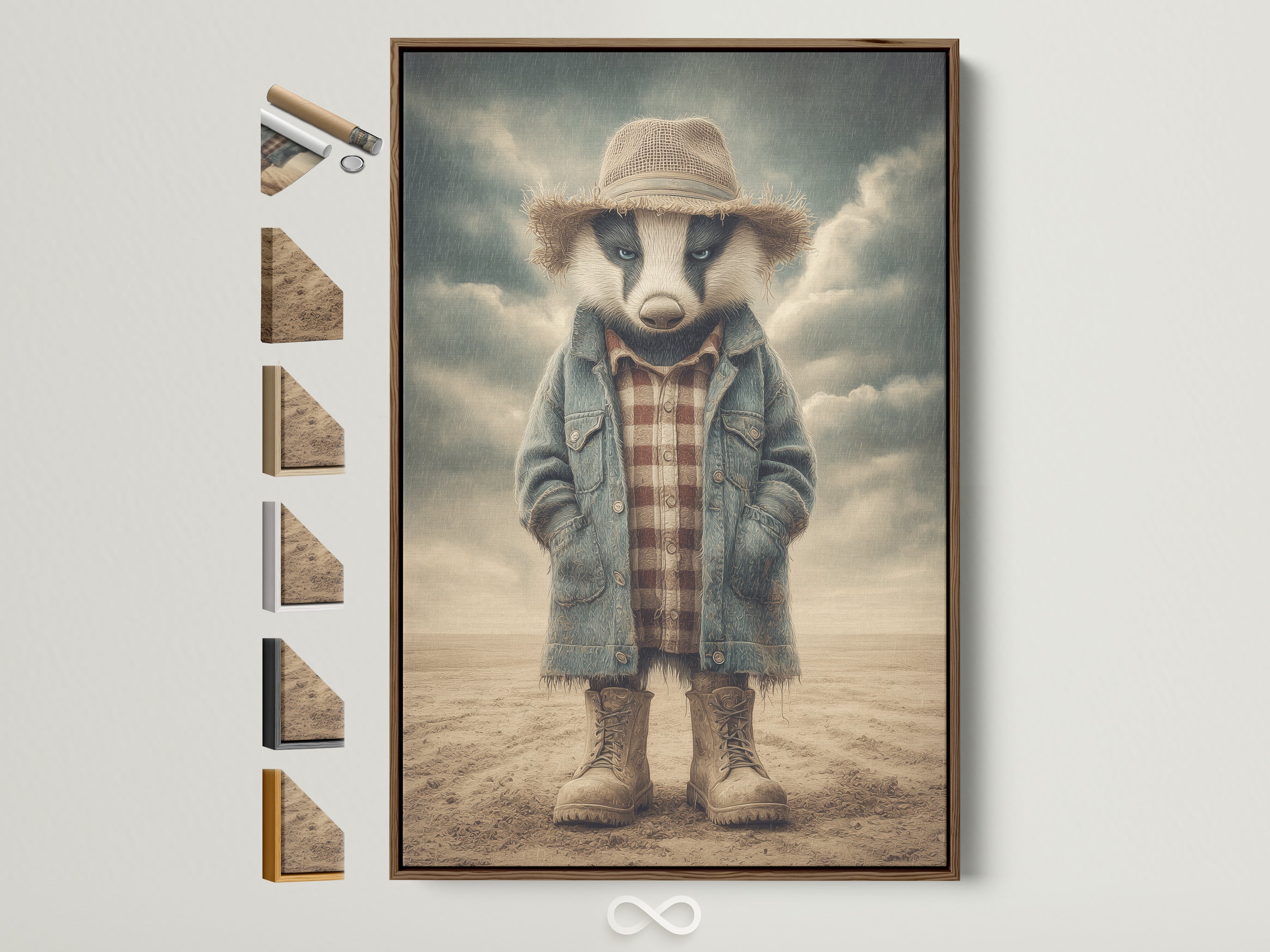 A brown frame displays the Badger Cowboy art print. All frame options are visible on the side. This vintage farmhouse canvas print is perfect for a kid's room or nursery. Elevate your space with this western animal wall art. It adds rustic charm to any home decor. Ideal for homeowners and renters seeking unique wall art.