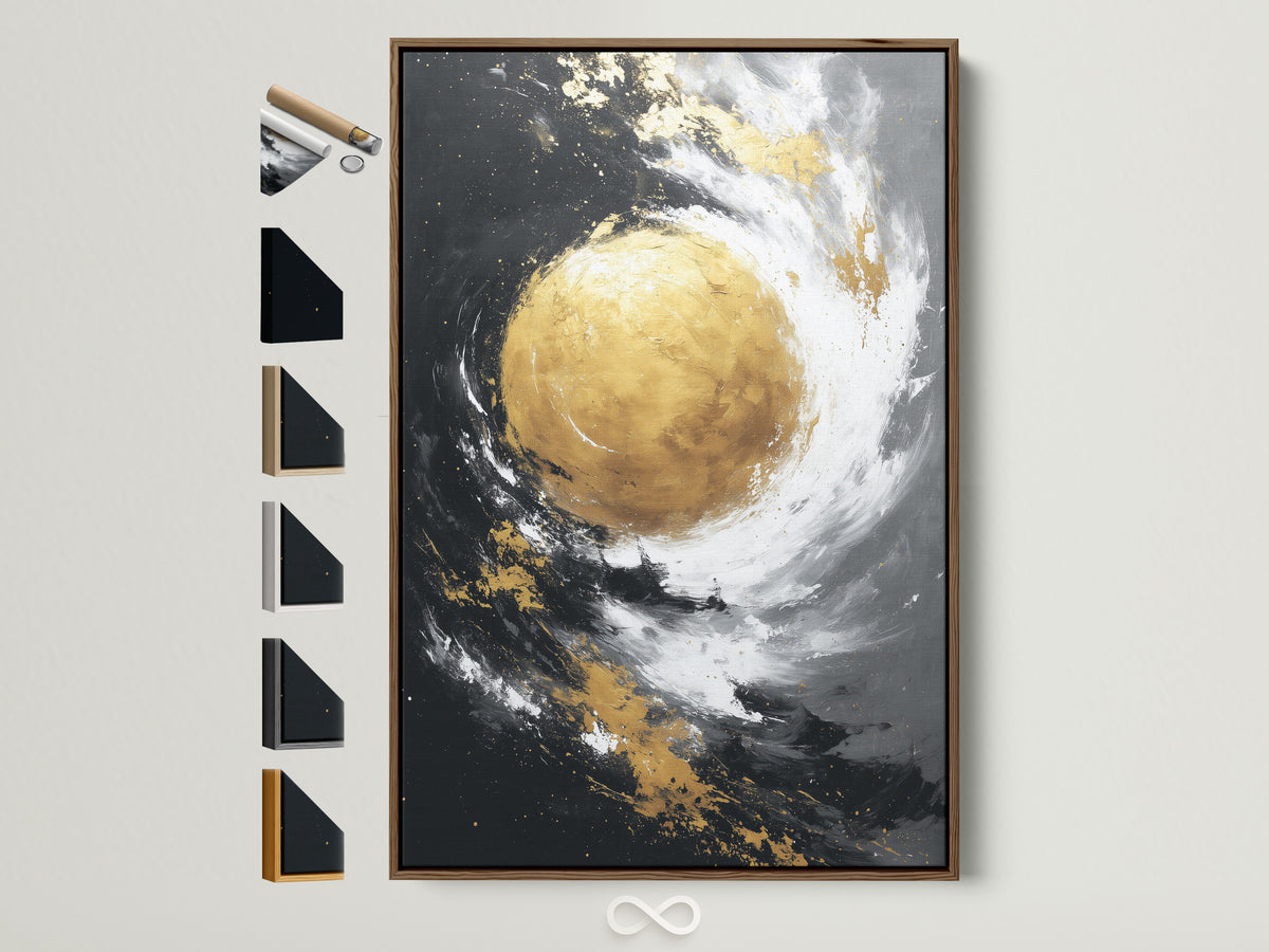 Round golden orb with black and white brushwork on canvas