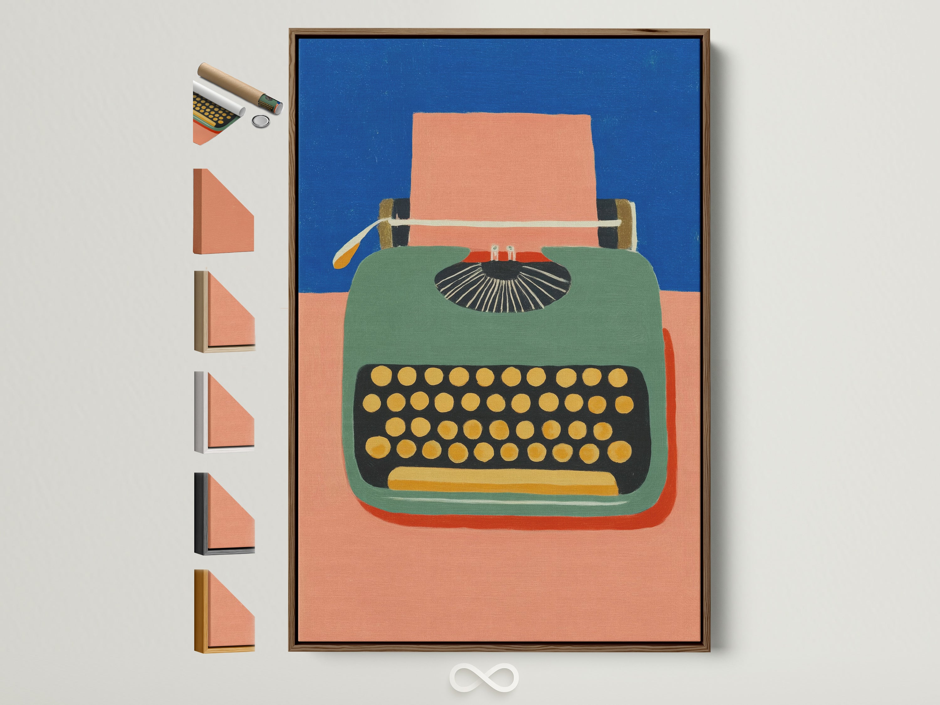 Explore frame options for the Typewriter Canvas Print. This retro office wall art features a green typewriter. It is surrounded by various frame choices. Find the perfect frame to complement your study room art or writer gift vintage style artwork.