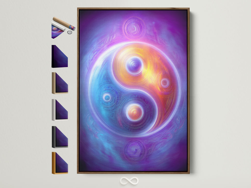 A Yin Yang canvas artwork is framed in a brown floating frame. See all frame options available. This cosmic spiritual wall art features a purple rainbow galaxy. It is perfect for meditation room decor.