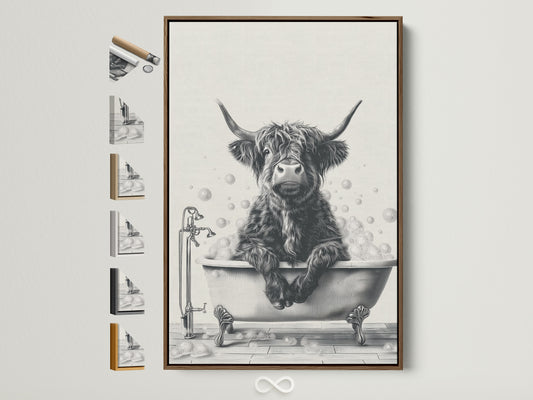 A highland cow enjoys a bubble bath in this artwork. The print is displayed in a brown frame. See all available frame options. This farmhouse bathroom wall art adds rustic charm. It is perfect for powder rooms and country-style homes. Discover unique animal artwork.
