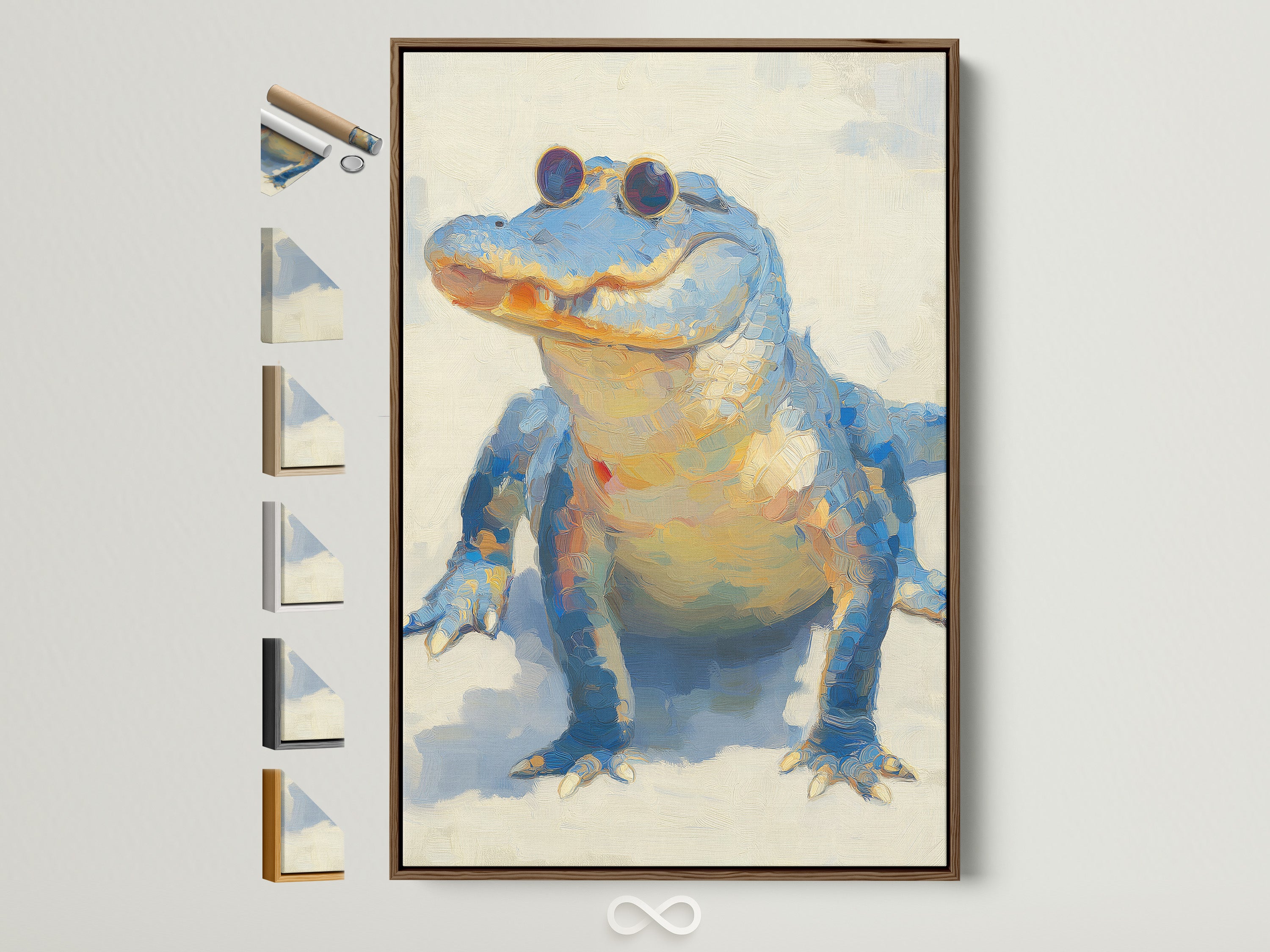 A framed print of a blue alligator wearing sunglasses hangs on a wall. This artwork is displayed with various frame color options on the side. It shows how different frames can enhance the artwork. Find the perfect frame for your unique piece.