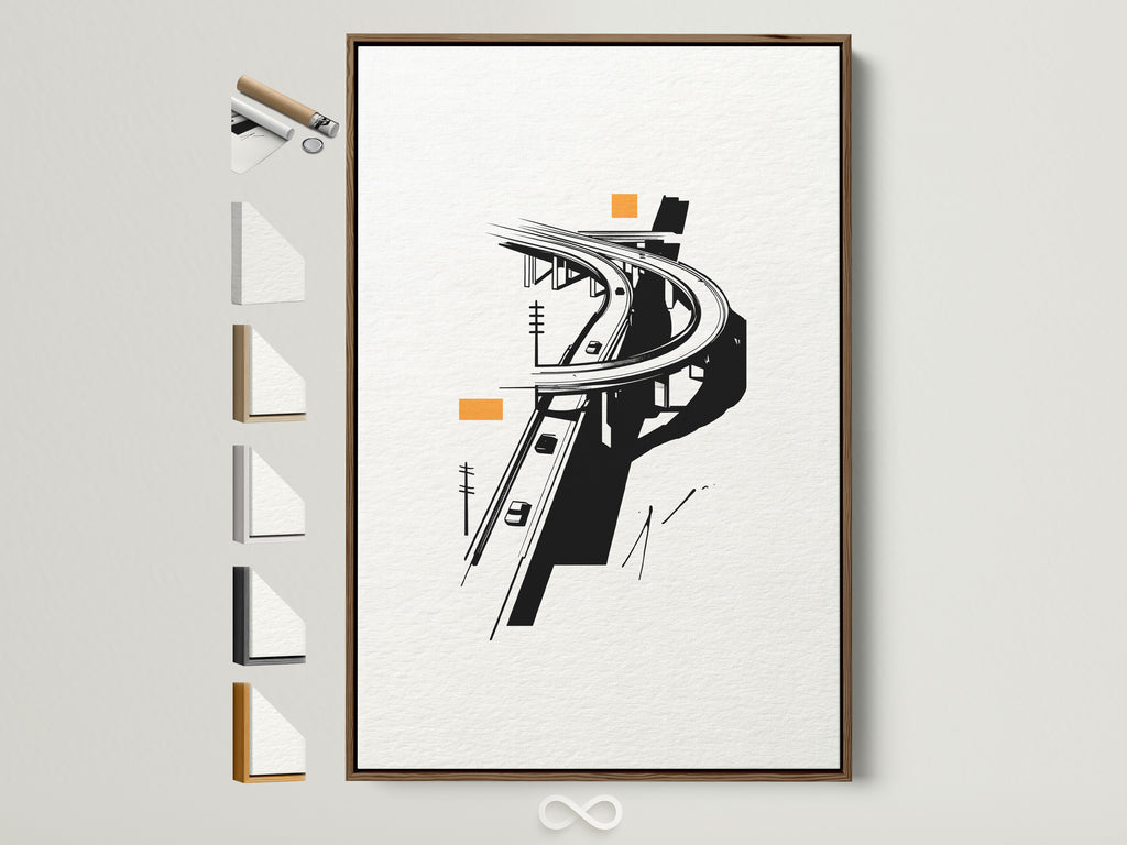 A brown frame displays the Highway Overpass artwork. The wall art features an urban minimalist cityscape.  Different frame options are presented. This modern art print enhances any office decor. The black and white geometric design adds a touch of sophistication.