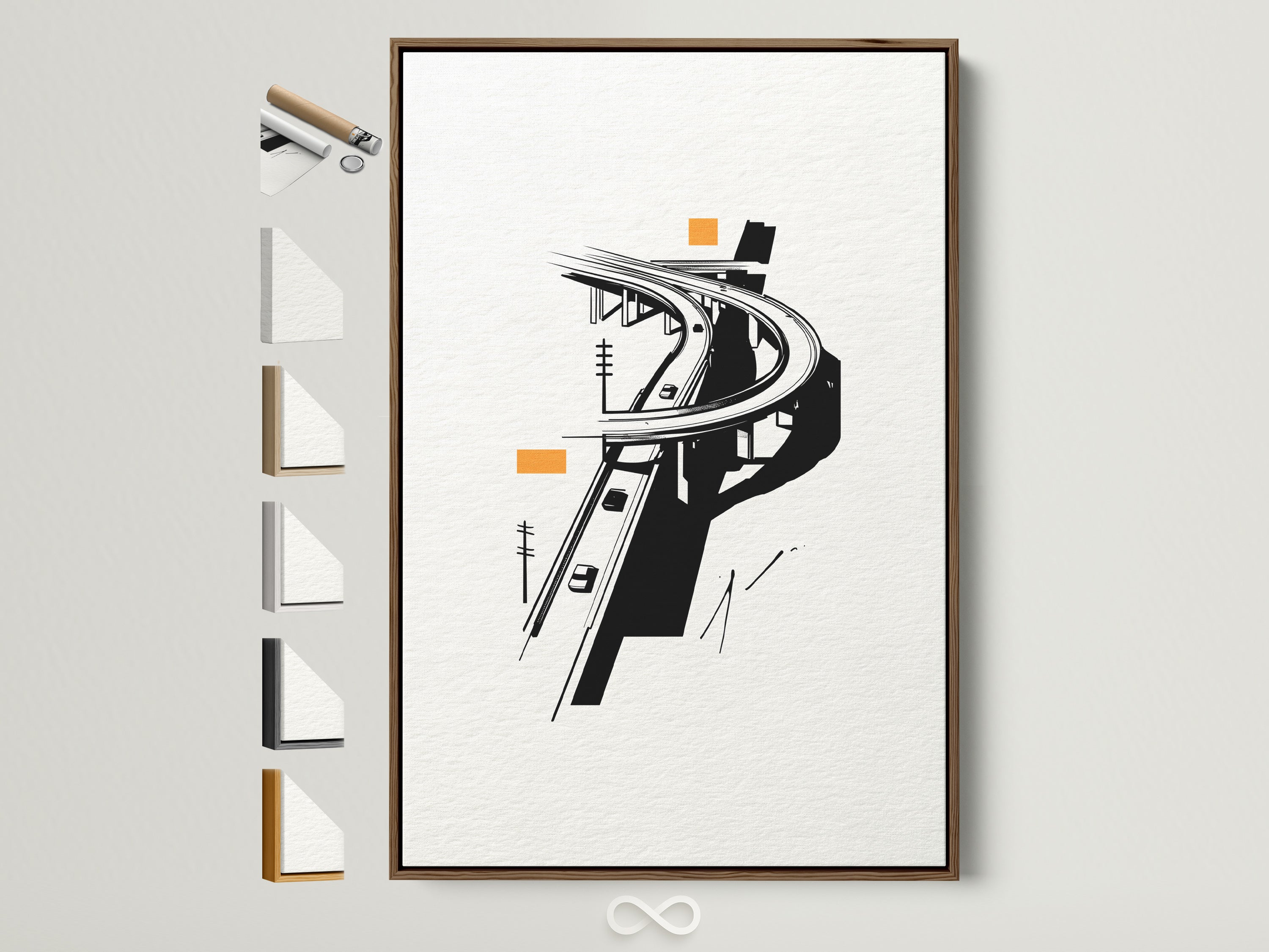 A brown frame displays the Highway Overpass artwork. The wall art features an urban minimalist cityscape.  Different frame options are presented. This modern art print enhances any office decor. The black and white geometric design adds a touch of sophistication.