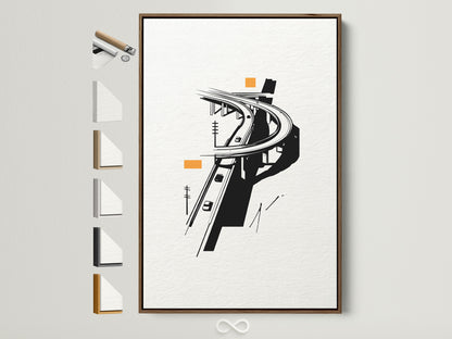 A brown frame displays the Highway Overpass artwork. The wall art features an urban minimalist cityscape.  Different frame options are presented. This modern art print enhances any office decor. The black and white geometric design adds a touch of sophistication.
