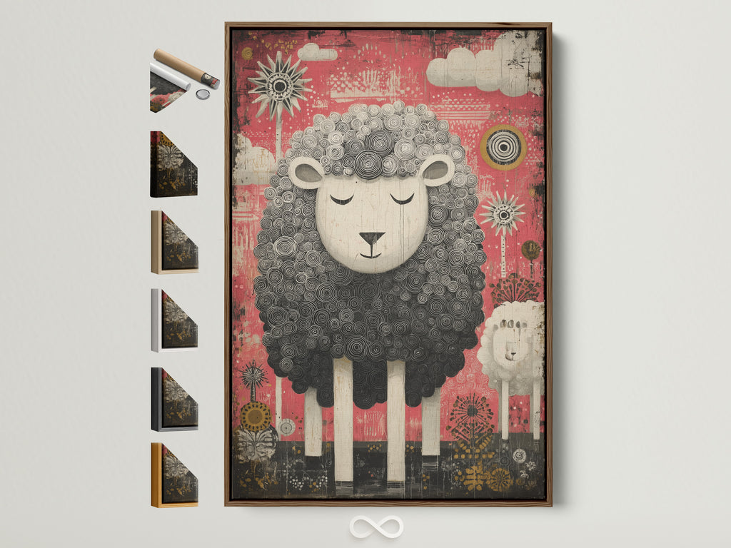 Brown frame displays a cute sheep artwork. The artwork features a black and white sheep. The sheep is set against a pink backdrop. Clouds and suns decorate the background. All frame options are showcased on the side.