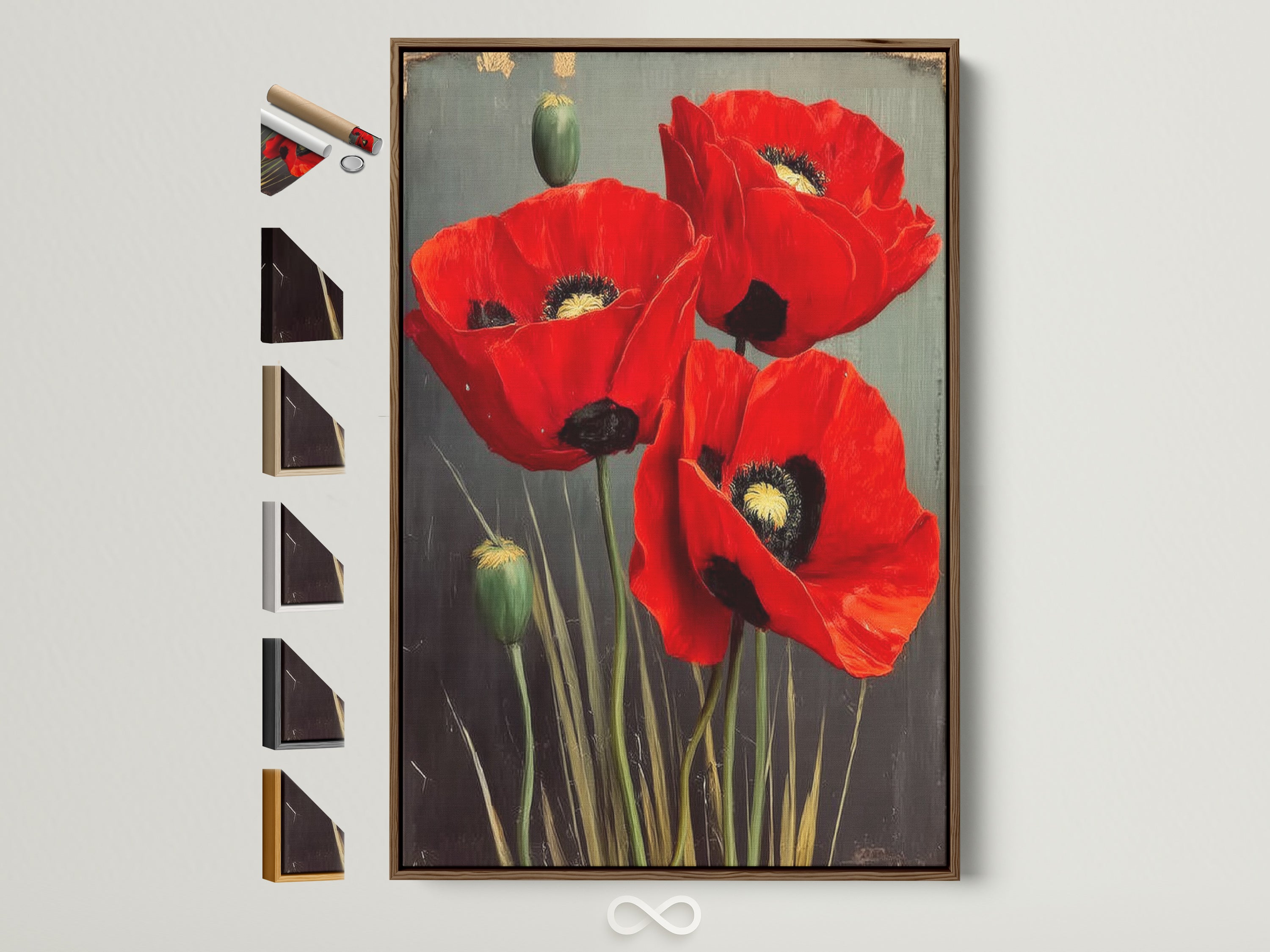 A red poppy floral artwork in a brown frame is displayed. See the various frame options available for this vintage flower photography print. Perfect floral wall art for bedroom decor. Add a touch of farmhouse style to your space.