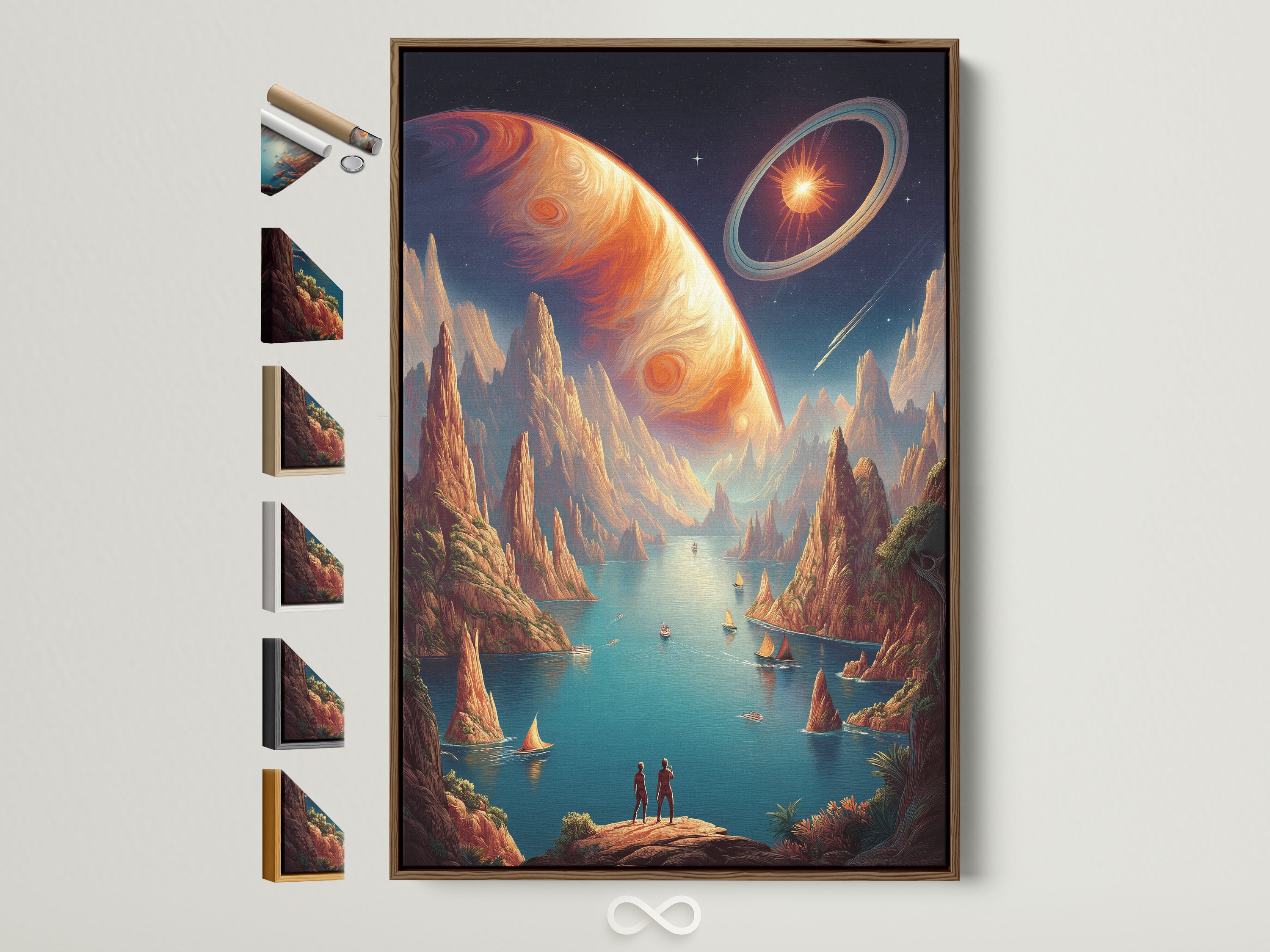 A captivating cosmic landscape artwork is displayed in a brown frame. The print features surreal planets and celestial bodies. Frame options are visible offering various styles. This sci-fi artwork is perfect for modern interiors and game room decor.