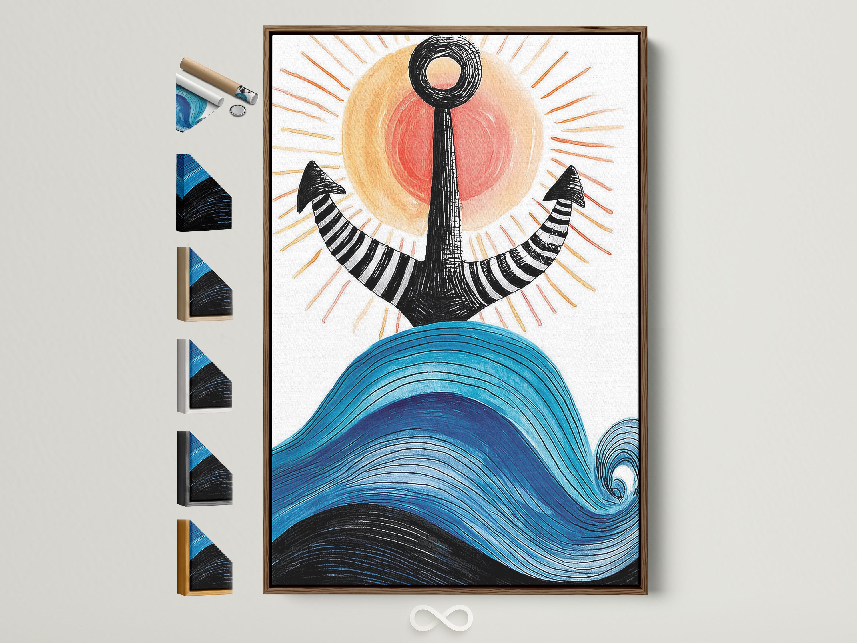 Nautical Anchor Artwork with brown frame and other frame options. Coastal Wall Art that brings the beauty of the ocean into your home. Navy blue ocean waves contrast beautifully with the warm sun. Perfect for bathroom decor or a beach house. Discover more sea themed prints to complete your coastal aesthetic.