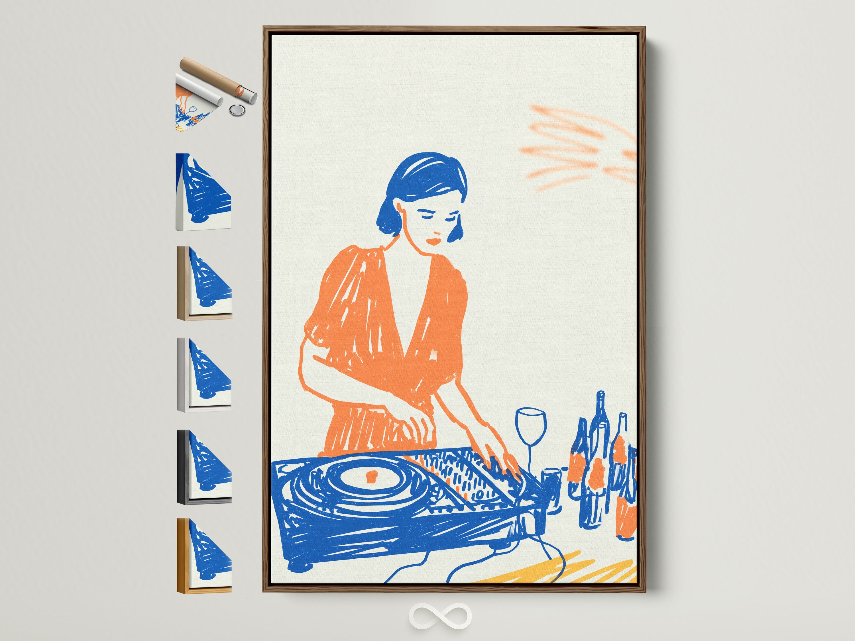 Explore DJ Wall Art Print options. See a music turntable canvas art piece displayed in a brown frame. Other frame styles are available. Find the perfect frame for your retro music poster. Elevate your studio decor with our unique artwork.
