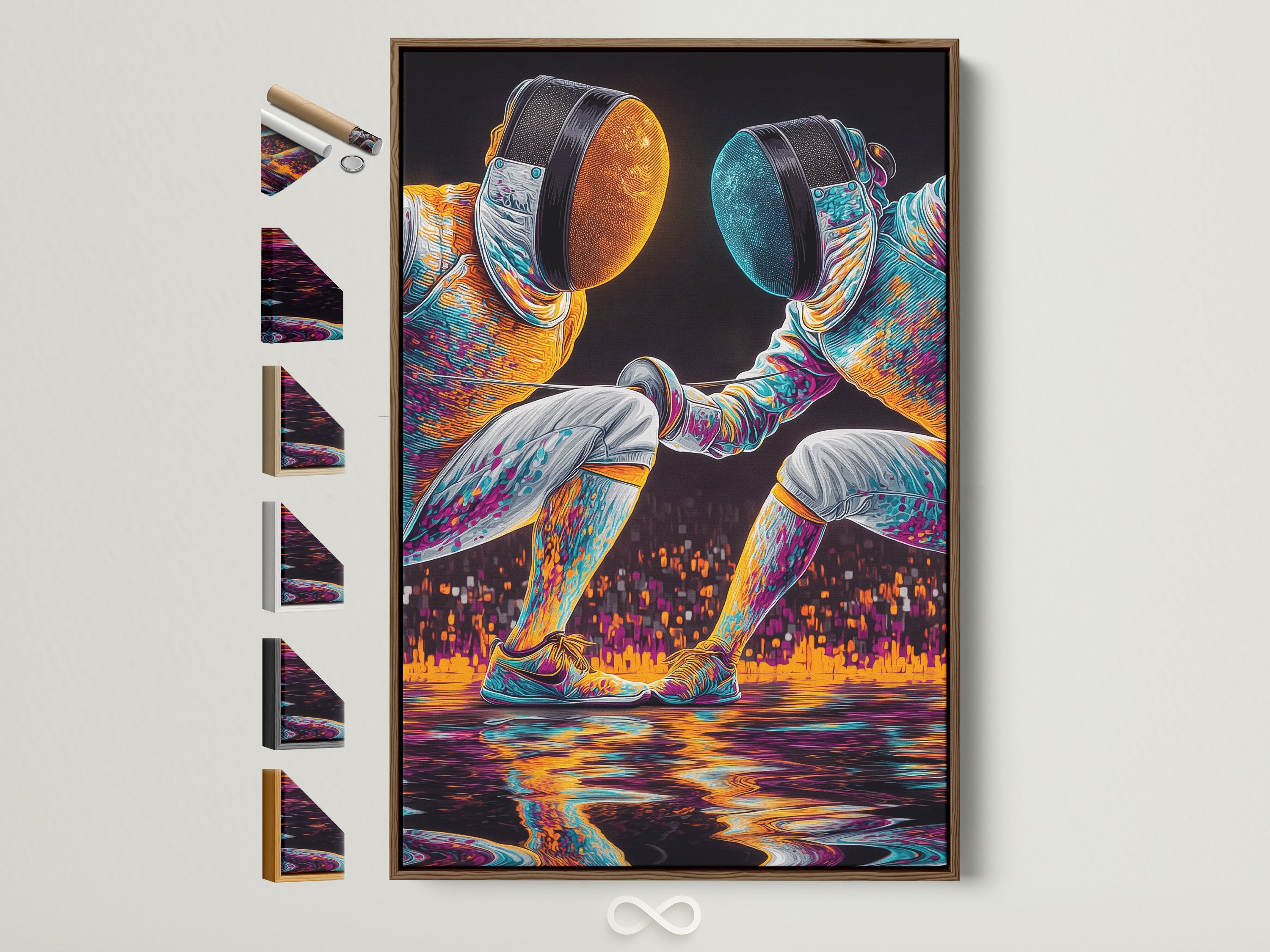 Fencing Duel Artwork in a brown frame. This modern sport wall art features abstract fencers. The artwork is perfect for a game room or as a gift for an athlete. See all of our frame options on the side