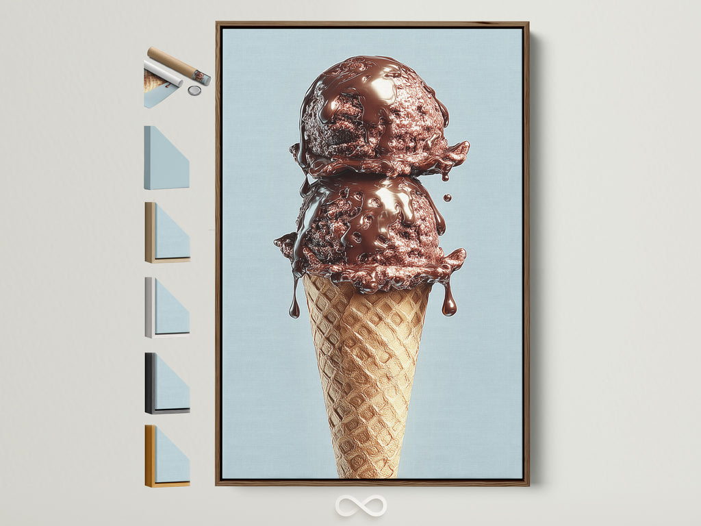 A tempting chocolate ice cream cone artwork is displayed in a brown frame. The artwork is mounted on a wall. This photo showcases all available frame options. Enhance your space with this delicious looking piece.