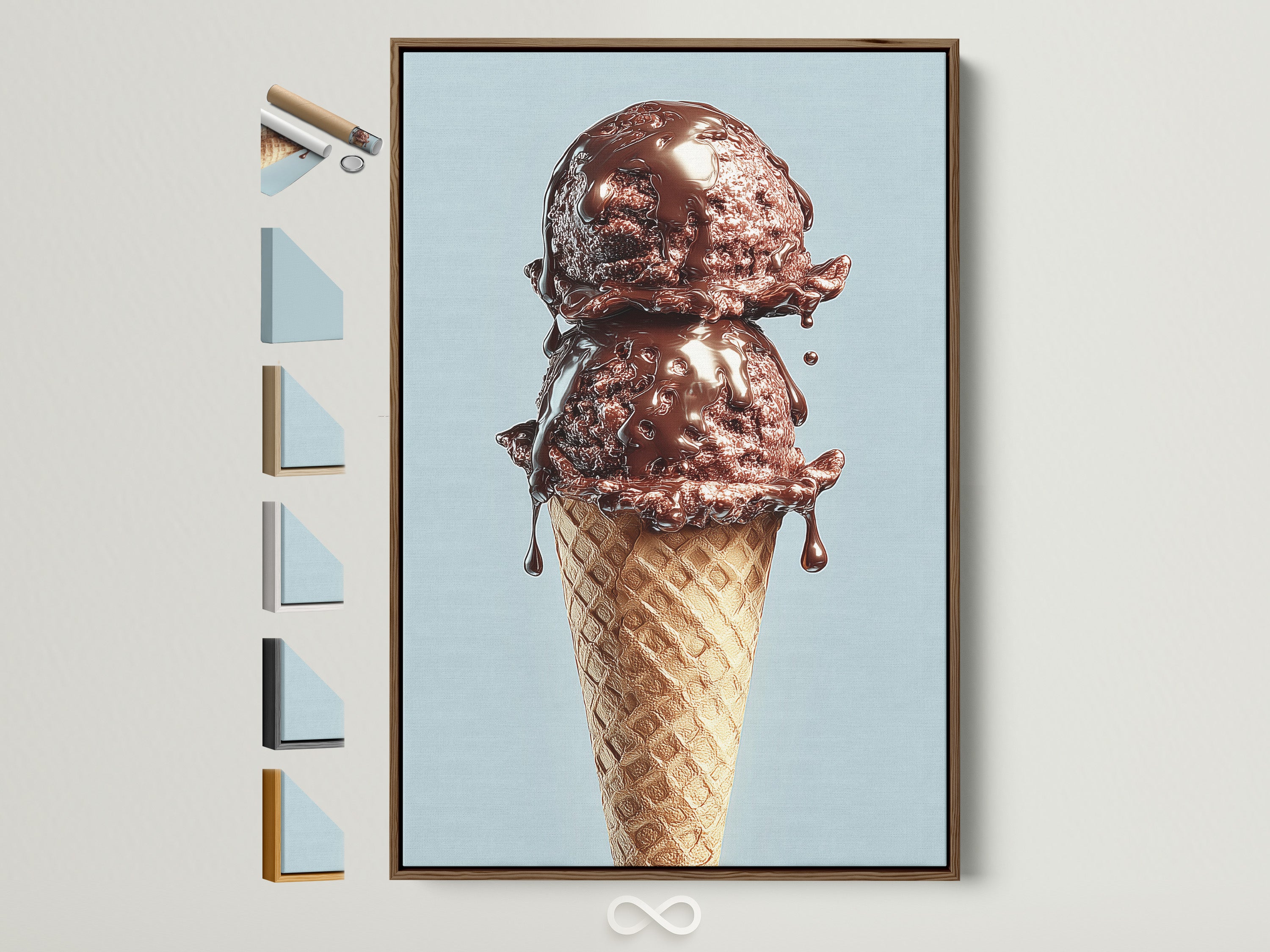 A tempting chocolate ice cream cone artwork is displayed in a brown frame. The artwork is mounted on a wall. This photo showcases all available frame options. Enhance your space with this delicious looking piece.