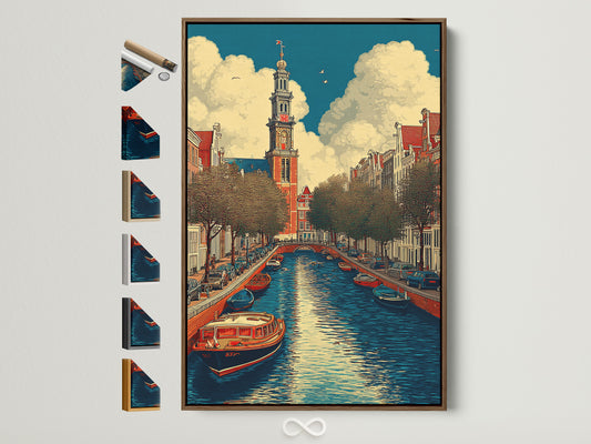 Amsterdam Canal Canvas Print - Vintage Dutch Architecture Wall Art, European Cityscape Poster for Living Room Decor