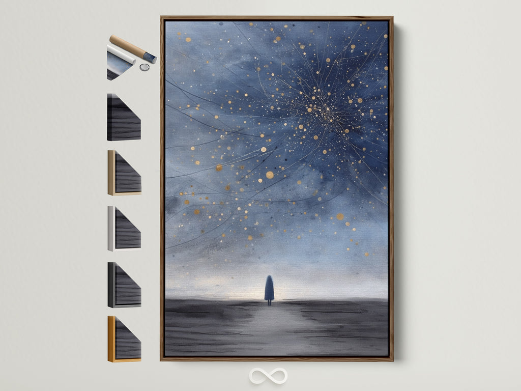 A framed celestial night sky artwork is displayed. The brown frame enhances the cosmic minimalist poster. This artwork is perfect for bedroom decor. See all available frame options to customize your space.