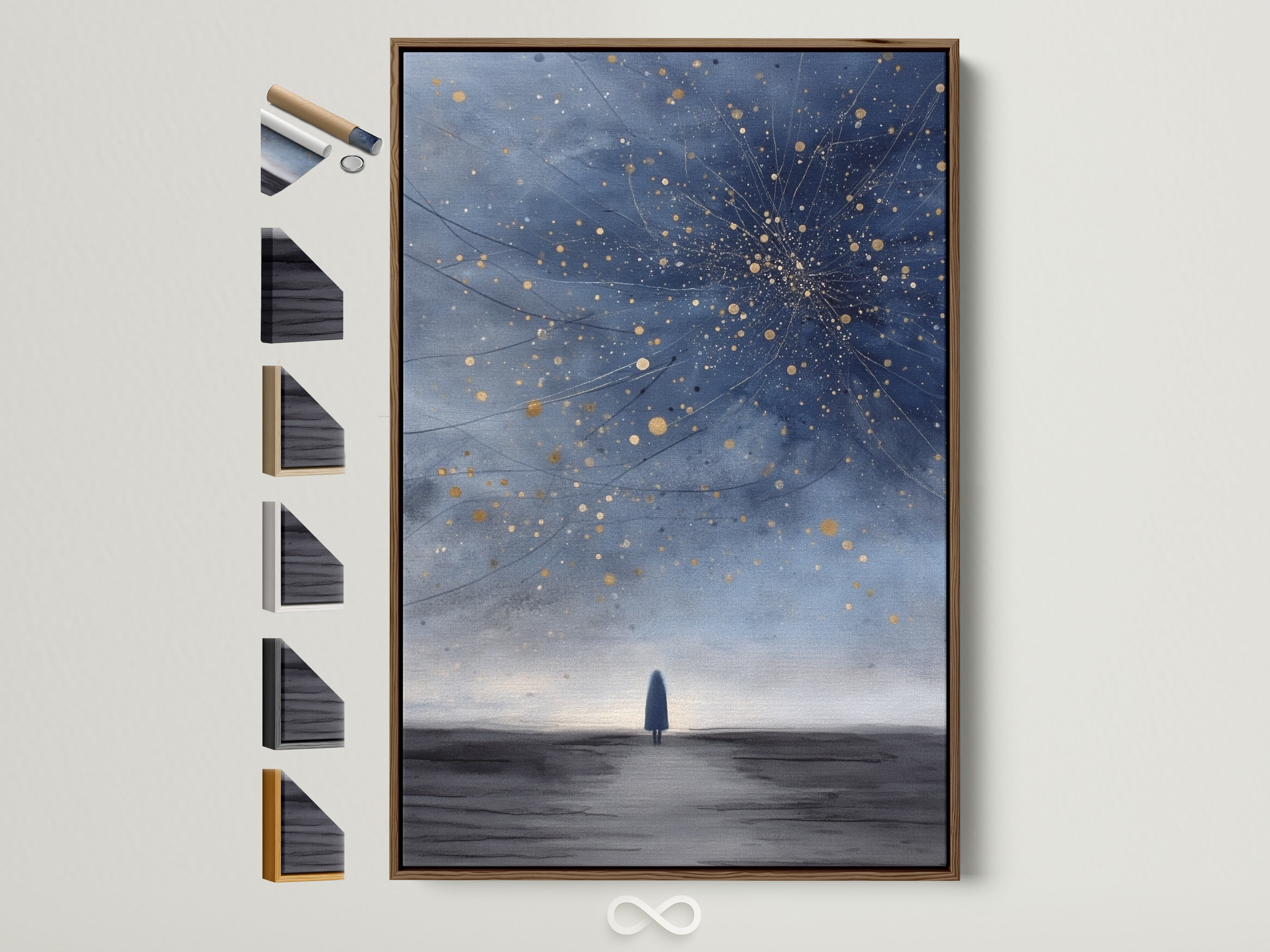 A framed celestial night sky artwork is displayed. The brown frame enhances the cosmic minimalist poster. This artwork is perfect for bedroom decor. See all available frame options to customize your space.