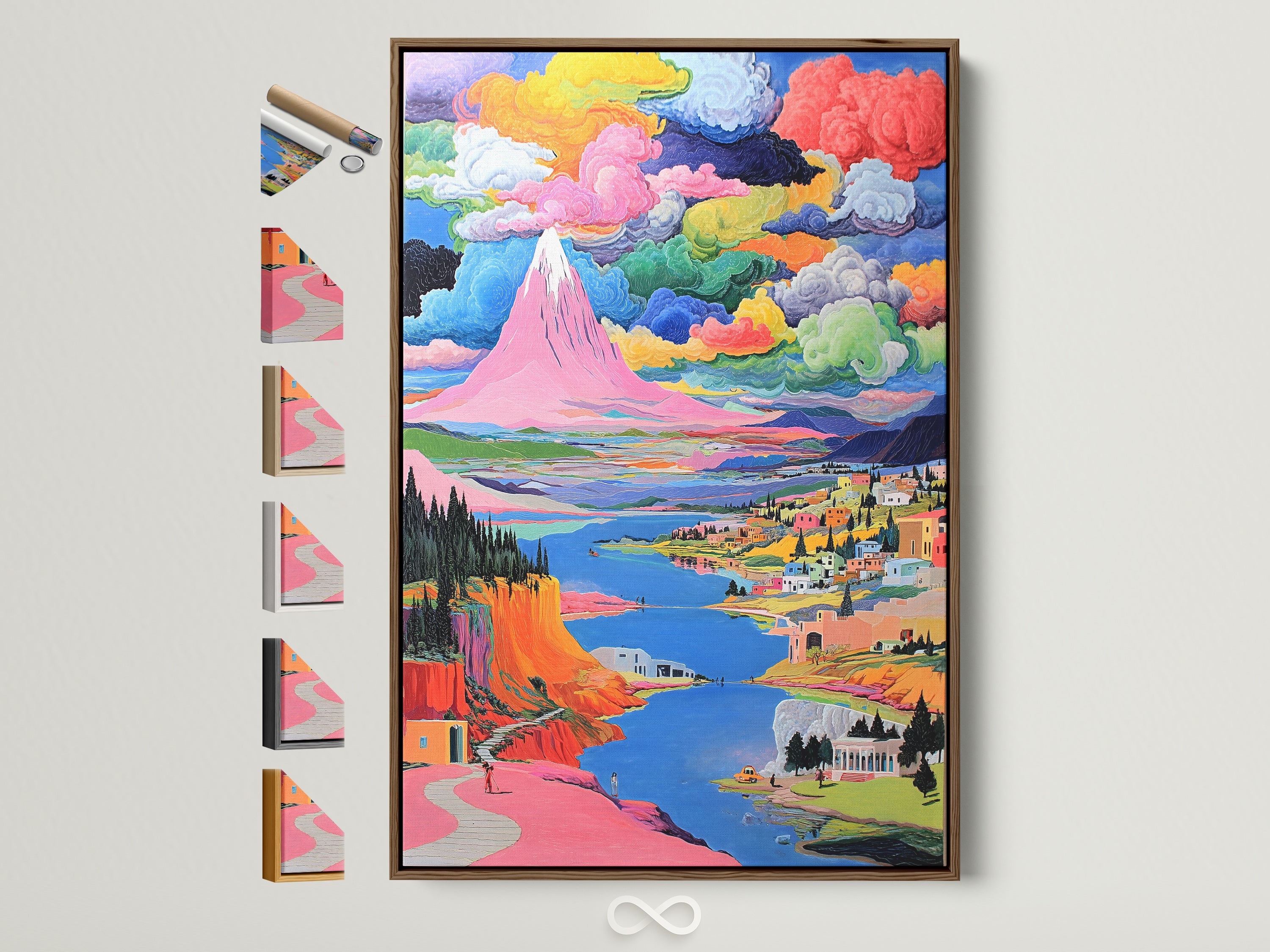 A colorful mountain canvas print is displayed in a brown frame. The whimsical landscape wall art features pink and teal nature artwork. This art piece is perfect for home decor. The frame is displayed with all frame options on the side.