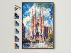 Sagrada Familia artwork with a brown frame. See all frame options. This Barcelona wall art is a gothic cathedral poster. It's perfect for office wall decor. Elevate your space with this architectural print.