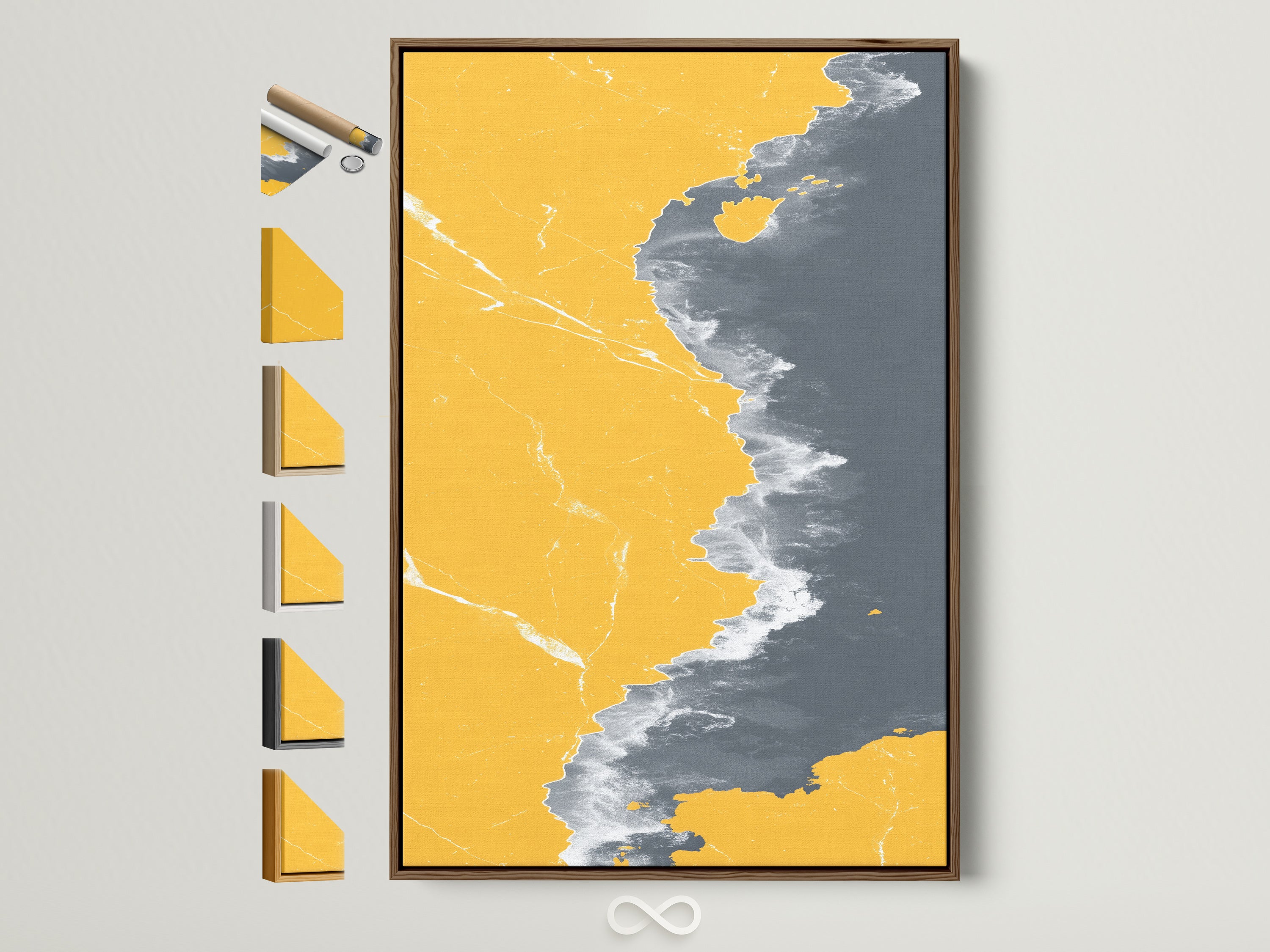 Abstract Coastline Artwork with a Brown Frame. This modern seascape artwork features mustard yellow and gray hues. See all available frame options to customize your art. Perfect for adding a coastal touch to your home decor.